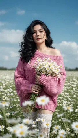 #GeminiAI  Prompt: Create a photograph with literally using that photo. High-fashion Vogue editorial photograph, shot from through clusters of wild daisies in the foreground, with blurred stems and petals framing the lens in an artistic composition. long black hair and curly in the edge, hanging because of the wind, a really soft strands falling across her luminous forehead. She wears a voluminous, cute pink sweater styled as a statement piece, paired with delicate white lace thigh-high stockings, blending romantic softness with bold modern fashion. In her hands, she holds a bouquet of fresh daisies, the florals echoing the field around her. The meadow stretches out in the background — dense white daisies swaying beneath a vivid azure sk' painted with glowing clouds. Lighting is natural but styled to feel editorial: bright daylight softened by foreground blooms, producing ethereal flares, airy haze, and sculpted shadows that flatter her figure. With a cute model pose. She’s standing with cute and playful pose. The image feels intentional and artistic, with elegant framing, crisp details, and painterly tones. A dreamy yet sophisticated visual balancing the organic beauty of nature with couture styling. Captured Leica SL2 + APO-Summicron-SL 90mm f/2, ISO.100, f/2, 1/250 sec. Vertical 9:16 aspect ratio.