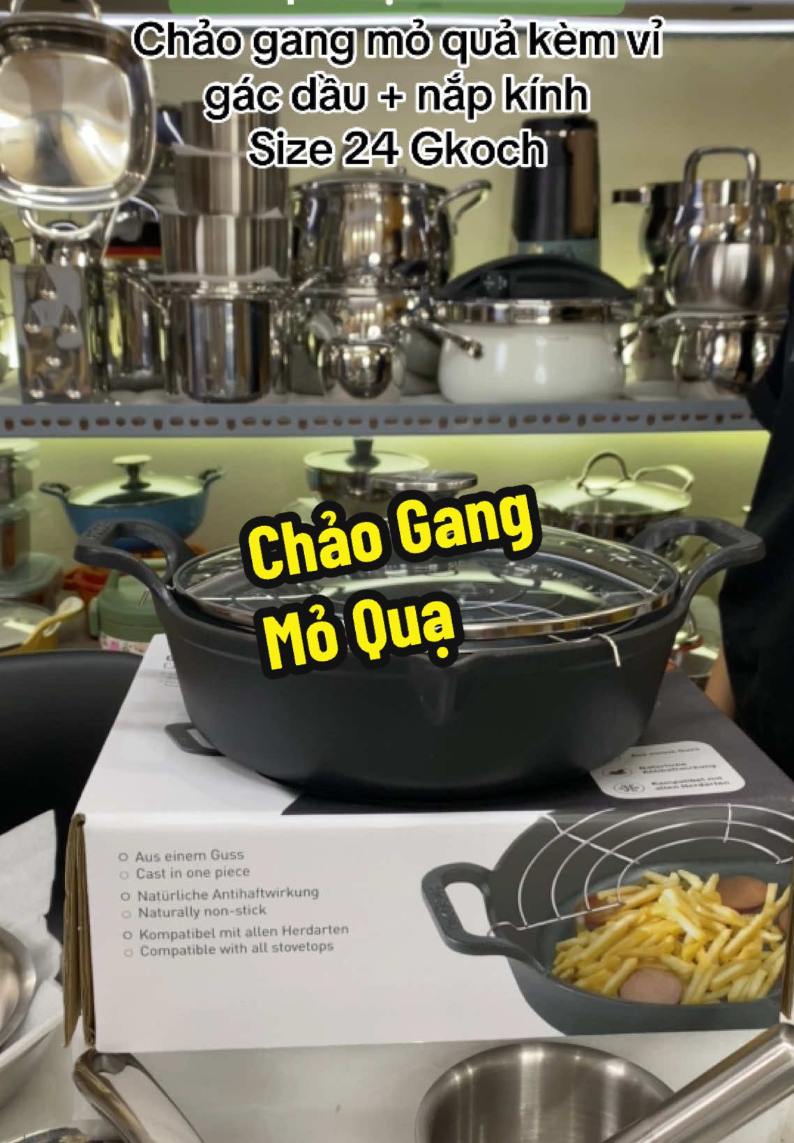 Chảo gang mỏ quả kèm vỉ gác dầu + nắp kính Size 24 Gkoch #shopmecuanui #shopmecuanui1 #chaogang #chaogangduc #gkoch 