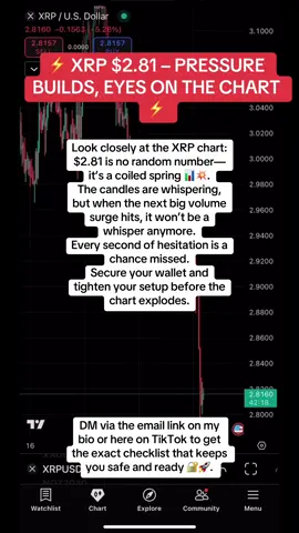 $2.81 is the kind of price level traders look back on and say, “That was the calm before the lightning.” Smart players are already locking in wallet security and preparing their move while everyone else is waiting for headlines. 💡 Here’s the truth: • Momentum is building behind the scenes. • Wallet safety is the first step before any breakout. • The next candle won’t give you a warning. DM via the email link on my bio or here on TikTok for the wallet & setup checklist that helps you stay one step ahead 🔥 #XRP #CryptoCharts #WalletSecurity #BlockchainBullhornAlpha #FOMO