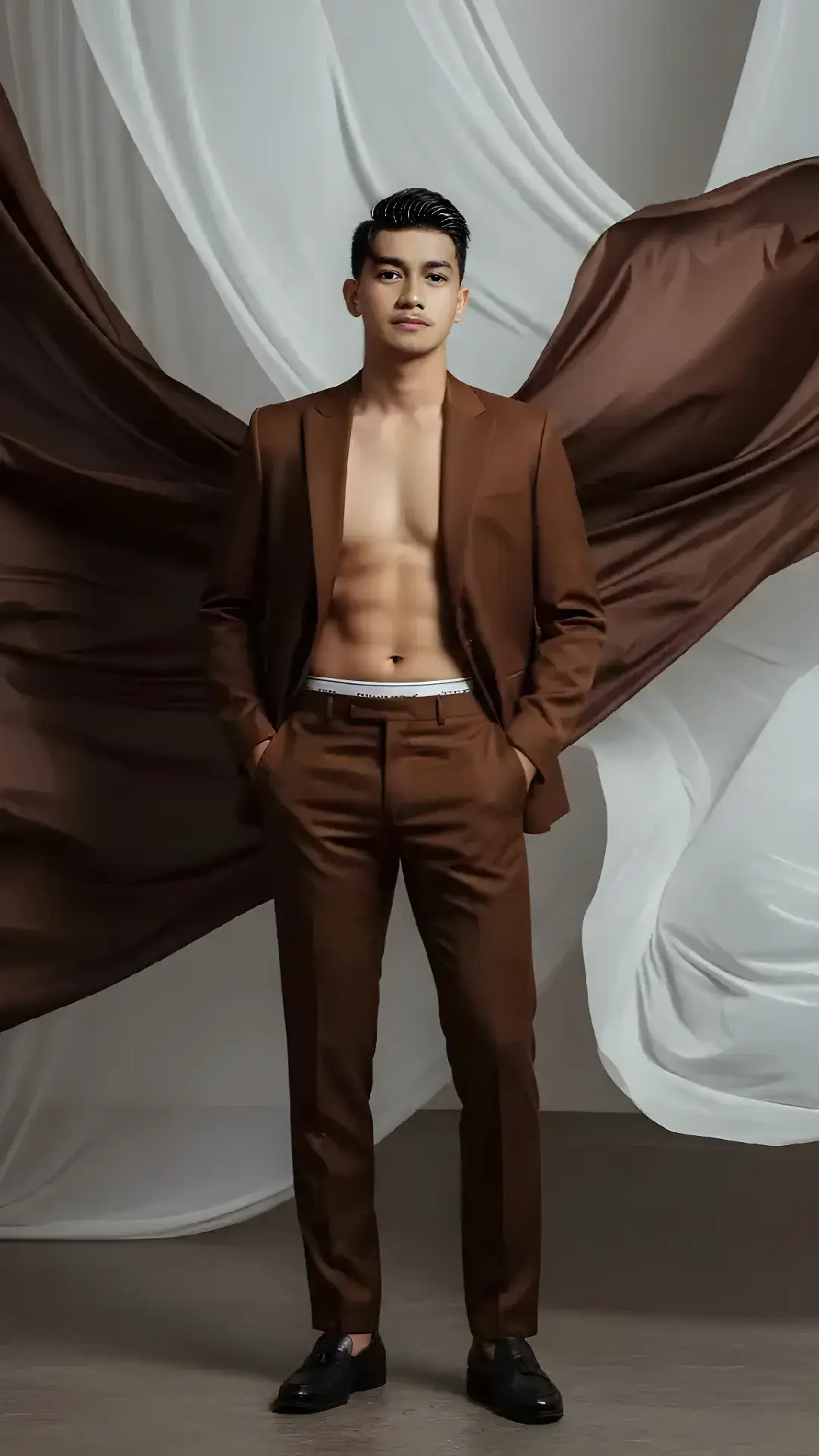 prompt : Ultra-realistic fashion photoshoot portrait of a man wearing an elegant pure brown three-piece suit ( trousers) black prada sunglasses, standing confidently with hands in pockets. Background filled with dramatic floating fabrics in deep brown and pure white, flowing like waves, creating a surreal but studio atmosphere. The lighting is soft. highlighting textures of fabric and the sharp features. standing on a studio floor, cinematic fashion magazine style shot. #gemini #ai #tiktok #geminiai #priatampan 