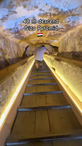Descending down 40 metres into one of the chambers in the smallest out of the 3 pyramids on the Giza Plateau. It was built around 2532-2503 BC for the fourth dynasty Pharaoh Menkaure.  The steps have around 45 degree angle and there is only about 1.2m space above you so walking down could be a challenge if you are a tall person. I am only 165 cm (5ft5) so was fine…  It also gets hotter the lower you go. #menkaure #pyramidofgiza #gizapyramids #insidethepyramid #visitegypt 