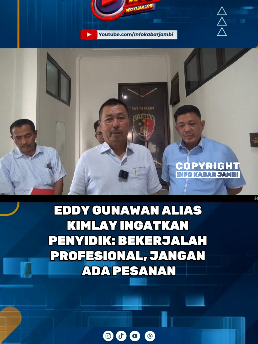 Eddy Gunawan alias Kimlay hari ini memenuhi panggilan di Polresta Jambi. Dalam wawancara bersama media, ia menyampaikan pernyataan mengejutkan. Kimlay berharap penyidik bekerja profesional dan tidak menerima “pesanan” ataupun iming-iming imbalan. Ia juga menyinggung pengalamannya terdahulu, ketika dengan cepat ditetapkan sebagai tersangka hingga terdakwa, meski belum berstatus terpidana. Simak pernyataan lengkap Kimlay dalam video ini! #Kimlay #PolrestaJambi #BeritaJambi