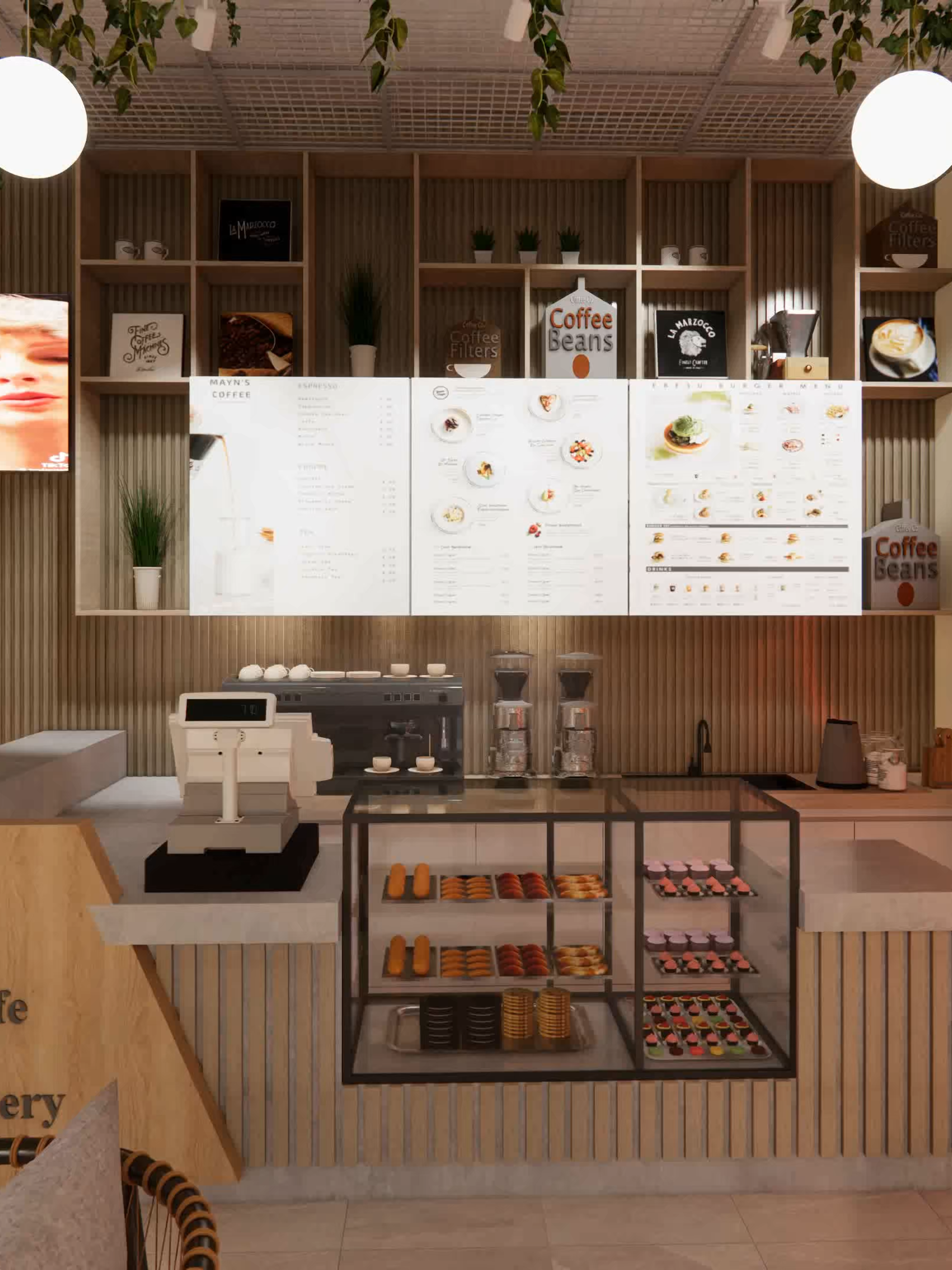 A modern interior cafe with the fusions of Scandinivian design and Tropical design interiors. WF: SketchUp2025>Enscape #interiordesignideas #designstudio #architecturedesign #interiordesign #Enscape