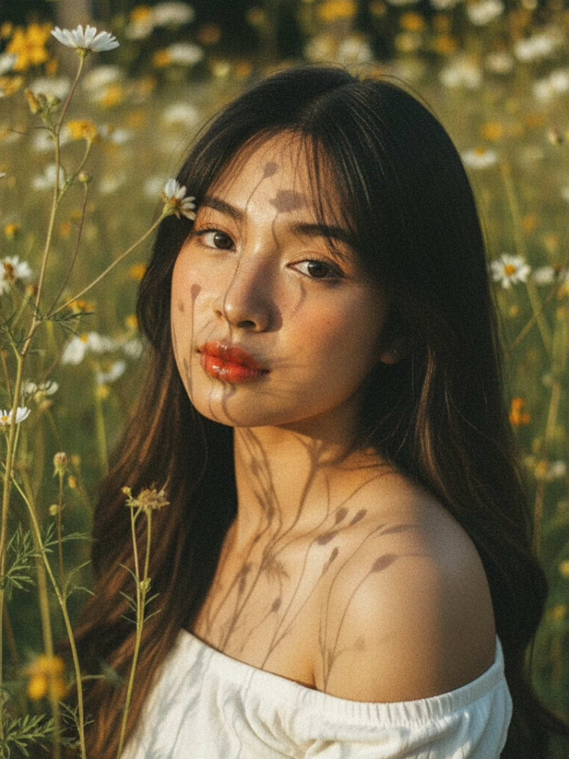 GEMINI PROMPT 🥹🌼🫣 Step 1: Go to Gemini Ai Step 2: Upload your photo Step 3: Copy paste this text/prompt Create a portrait image of my face. Compositional portrait, dreamy floral gaze, golden hour, cinematic close-up of me, filtered sunlight through wild flowers castling intricate shadows on skin, soft film grain, muted green pallete, 85 mm lenses f/1.4, sharp skin texture, subtle freckles, glossy lips, delicate broken, zero over processing-ar 3:6 -v 6-style no text watermark distortion wearing a white off shoulder. #GeminiAI #trend #fyp #gemini #geminiprompt 