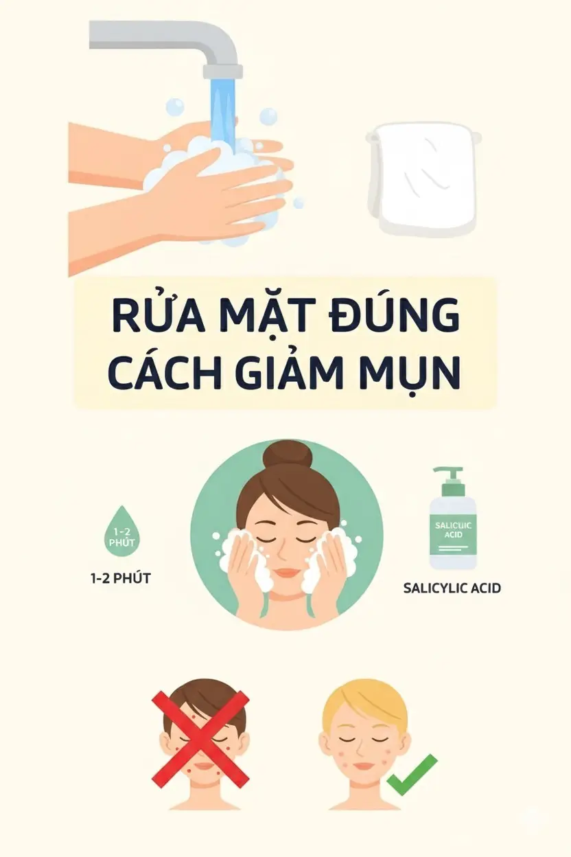 Hướng dẫn  1. Chuẩn bị:  * Rửa tay sạch trước khi chạm vào mặt.  * Làm ướt mặt bằng nước ấm để làm giãn nở lỗ chân lông. 2. Các bước thực hiện:  * Lấy một lượng sữa rửa mặt bằng hạt đậu, tạo bọt trong lòng bàn tay.  * Massage nhẹ nhàng theo chuyển động tròn trong khoảng 1 - 2 phút, tập trung vào vùng chữ T (trán, mũi, cằm).  * Rửa sạch lại với nước.  * Dùng khăn mềm thấm khô da, tránh chà xát mạnh. 3. Lưu ý quan trọng:  * Chỉ nên rửa mặt 2 lần/ngày (sáng và tối). Rửa mặt quá nhiều sẽ làm da khô và tiết nhiều dầu hơn.  * Chọn sữa rửa mặt phù hợp với da mụn, có thành phần như Salicylic Acid (BHA), Benzoyl Peroxide.  * Không dùng sữa rửa mặt có hạt scrub vì dễ làm tổn thương da và vỡ mụn.  * Luôn tẩy trang vào buổi tối, kể cả khi không trang điểm.  * Không chạm tay lên mặt hay nặn mụn. #munnoitiet #mun #beautylanlan #damun 