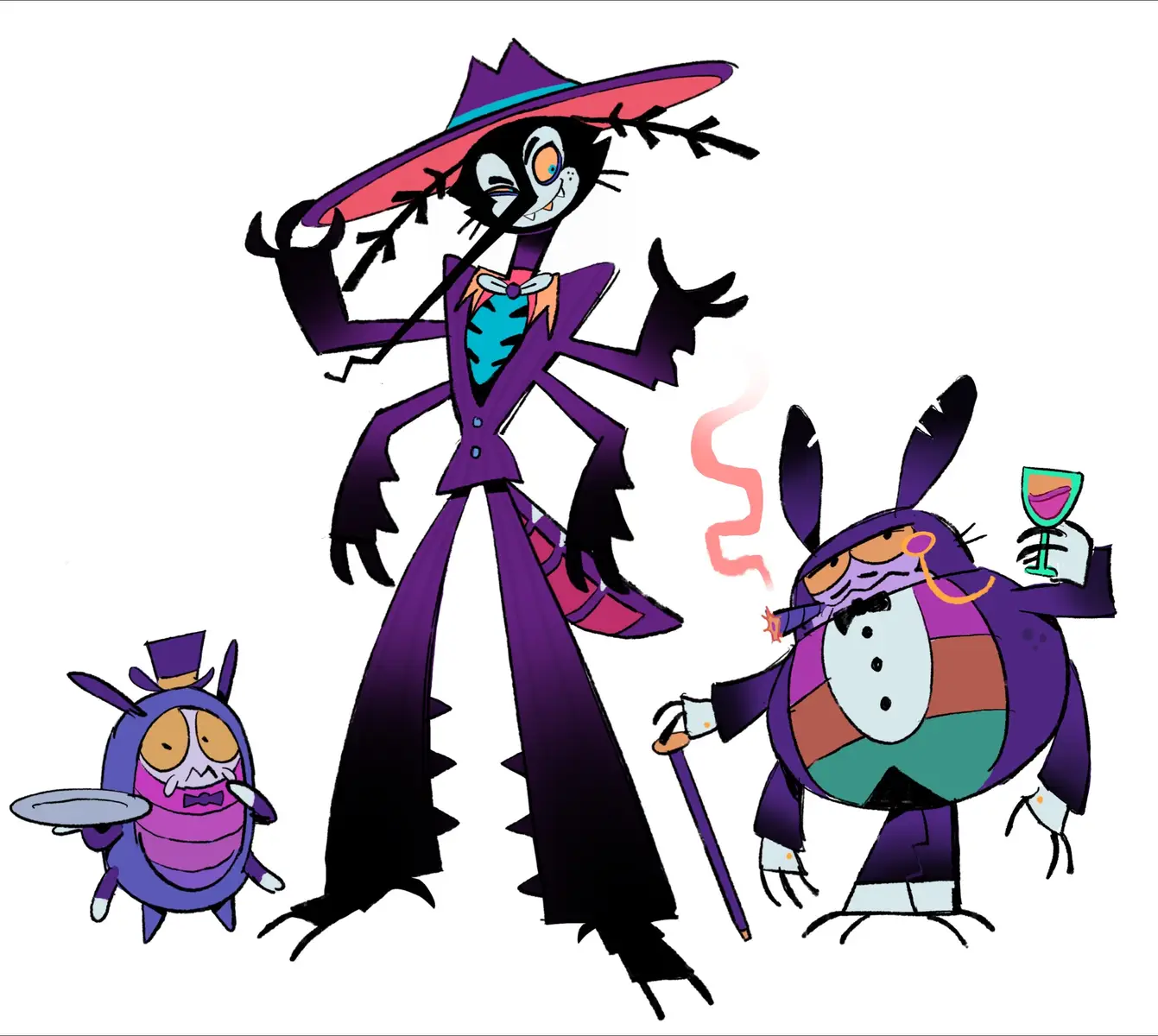 Great Arthropodia is a bustling bug city filled to the brim with flashing lights, rolling dice, swinging music, and the clickity-clacking of canes and chitin along its money-paved streets. Many creepy crawly big shots make a living here through excessive gambling, the lifeblood of this golden city. #ocart #characterdesign #doodles #bugs #foryou 