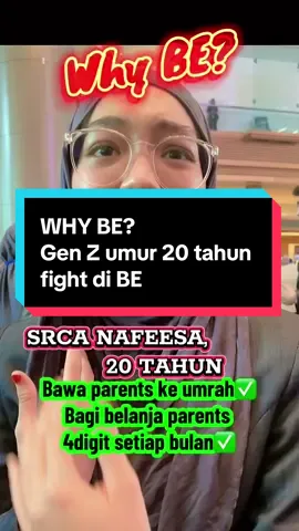 Nafeesa baru berumur 20 tahun tapi dah pun join BE.  Alhamdulillah dapat bagi belanja pada parents setiap bulan, dapat bawa parents umrah.  Nafeesa juga seorang pelajar di UIA dan membayar yuran menggunakan income di BE.  Nak cuba?  #whybe #aulora #shirutoipoh #beinternational 