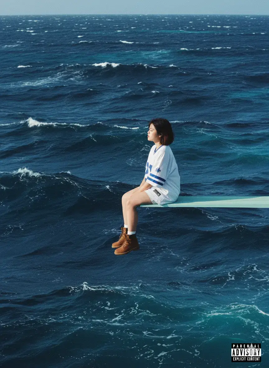 A square-format album-cover scene of a lone Subject [Person in the image] sitting in relaxed profile on the very tip of a white spring diving board that juts in from frame right over a vast ocean; no horizon or land visible—only layered, choppy waves filling the frame. Subject wears an oversized white and blue athletic jersey, white short and brown boots; composition matches precisely—the Subject is placed on the right third, camera at eye level in three-quarter profile facing frame left with chin slightly lifted, legs dangling, hands resting on knees, and the diving board nearly horizontal as a clean leading line; sea color tones are dominant and specific: deep indigo base with Prussian blue mid-tones, teal–cyan highlights on wave crests, cool slate–blue shadows, and near–black troughs with subtle silver specular glints—overall cool blue–hour palette; lighting is soft, diffuse late–day with gentle falloff; add fine film grain, faint halation, slight vignette, mild matte curve, and restrained contrast; shot with a 35mm film look using a 135mm telephoto equivalent at f/4, 1/500s, ISO 400 for crisp focus on Subject and board with medium–deep depth to keep wave texture legible; include a small “Parental Advisory: Explicit Content” label tucked into the bottom-right corner matching commercial album art conventions.  #Ai #gaming #sza 