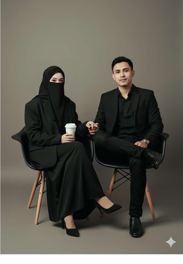 Gemini AI, Prompt : Edit foto ini menjadi wanita duduk santai di kursi studio foto dengan latar cream polos. ia mengenakan outfit hitam blazer oversize, dan rok hitam panjang, menggunakan sepatu hitam menutup kaki, jilbab hitam menutup dada dan cadar hitam BUKAN Niqob. Anggle dari samping pandangan kedepan saling membelakangi. Gaya elegan dan edgy dengan nuansa misterius. satu tangan di paha dan satu tangan memegang kopi take away. pria memakai blazer hitam, kemeja putih dan celana panjang hitam, potongan rambut pendek rapi dengan gaya senyum tipis duduk di kursi samping wanita tangan satunya memegang kopi take away dan tangannya di atas paha, satu kaki pria di lipat di atas paha tanpa merubah wajah kualitas HD #geminiai #gemini #couple #couplegoals #pasanganhalal #pasangancouple #pasanganromantis #trending #trend #jedagjedug #jj #masukberandafyp #masukberanda #foryoupage #foryou #fypviralシ #fypシ #fyppppppppppppppppppppppp 