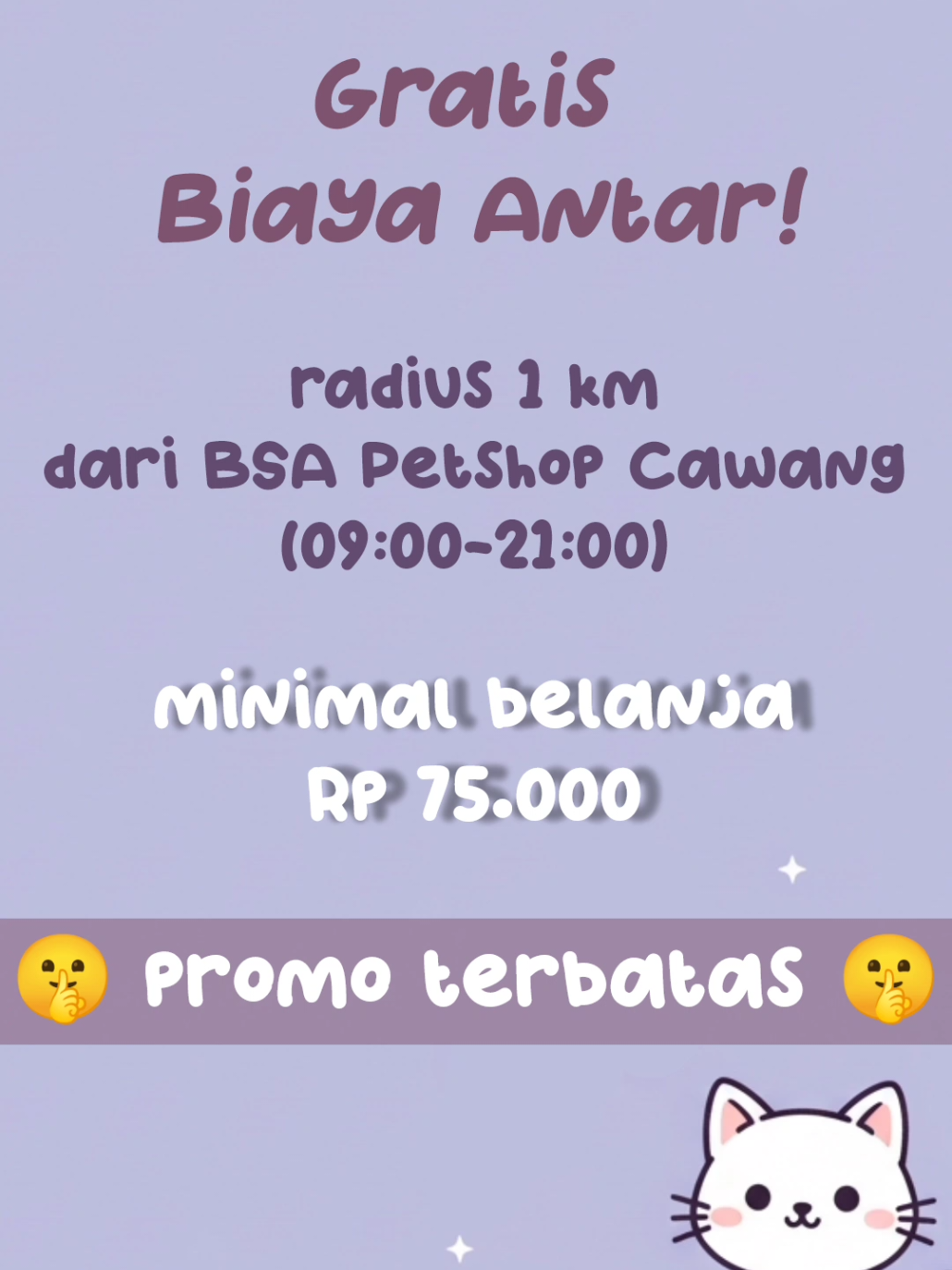 Dari makanan, pasir, mainan, sampai perlengkapan anabul lainnya, semua tersedia di BSA Petshop Cawang ✨ Belanja makin gampang dengan layanan Gratis Biaya Antar radius 1 km (min. belanja Rp75.000) 📍Google Maps: BSA Petshop Cawang 🕘 09.00 – 21.00 (buka setiap hari) 📲 WA/Booking: 081585445756 #gratisantar #petshopjakartatimur #cawang 