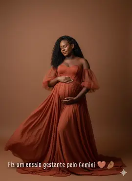 Copie e cole o texto no Gemini  Me faça grávida, barriga nem tão grande nem tão pequena, posa em um ensaio fotográfico cheio de elegância e intensidade. Ela está em pé, com os olhos fechados e expressão serena, transmitindo paz e conexão com a gestação. Ela veste um vestido longo em tom terracota, de tecido leve e fluido, que traz movimento e sofisticação à cena. O modelo tem mangas volumosas de tule transparente e corpete estruturado, destacando o colo e a barriga de gestante, que ela acaricia com as duas mãos em um gesto de carinho. Seu cabelo está solto, com ondas definidas caindo sobre os ombros. O fundo em tom marrom suave harmoniza perfeitamente com o vestido, criando uma composição quente e acolhedora. A imagem transmite força, feminilidade e emoção, celebrando a maternidade com beleza e intensidade. Não modifique o meu rosto original.