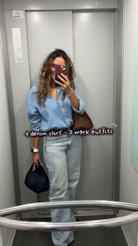 How I style my denim shirt for work 3 different ways  #denimshirt #outfitideas #styleinspo #workoutfits #corporatefashion 