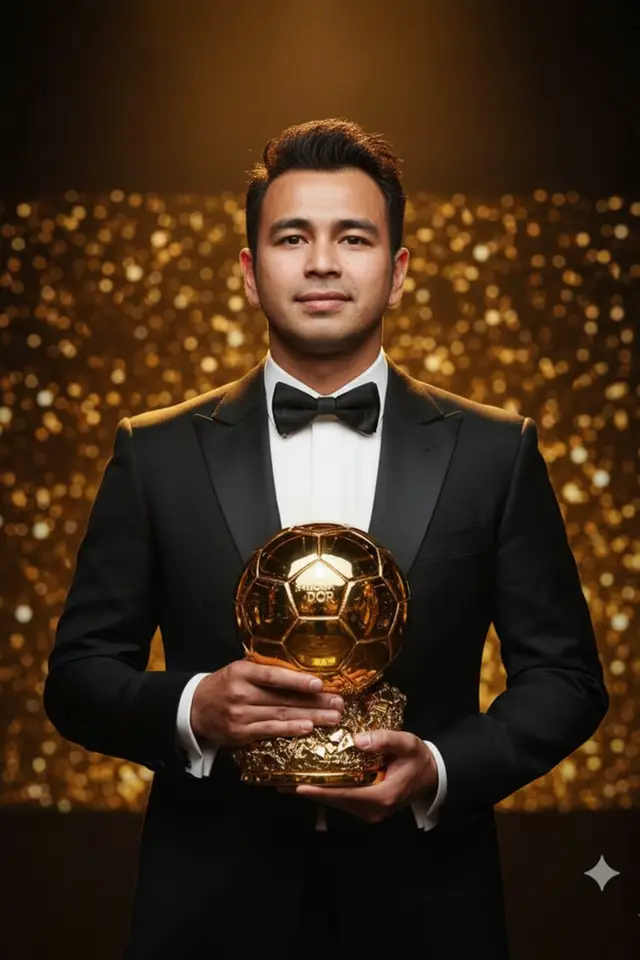 Tutorial : (Caranya)  1.Buka gemini.google.com 2.Upload Foto kamu 3.Copy Paste Prompt Prompt: A hyper-realistic ultra-detailed cinematic portrait of a professional football player [see image] holding the prestigious Ballon d’Or trophy [see image] during an official award ceremony. The man stands confidently in the center, wearing a perfectly tailored black tuxedo with satin lapels, a crisp white dress shirt, and a neat black bow tie. His posture is upright and dignified, both hands firmly holding the shining golden Ballon d’Or trophy, which reflects the surrounding warm lights. The player calm yet proud expression. His eyes look directly into the camera, radiating determination, elegance, and achievement. The Ballon d’Or trophy is crafted in brilliant gold, with intricate engraved details, resting on its iconic textured golden base. The metallic surface gleams vividly, capturing reflections of the glowing stage lights. The background is filled with out-of-focus golden bokeh lights, creating a luxurious, celebratory atmosphere that highlights the importance of the moment. The entire composition exudes cinematic quality, with dramatic lighting emphasizing the player’s face, attire, and the golden trophy. Shot in 4K ultra detail, sharp focus on the subject, soft blurred background, studio-quality lighting with a warm golden tone, award-ceremony ambiance, professional photography style.  @raffi_nagita @rans.entertainment @Real Madrid C.F. @Vini Jr. @psg @fcbarcelona @Liverpool FC @Lamine Yamal @Raphinha  #fyp #Football #ai #ballondor #geminiai 