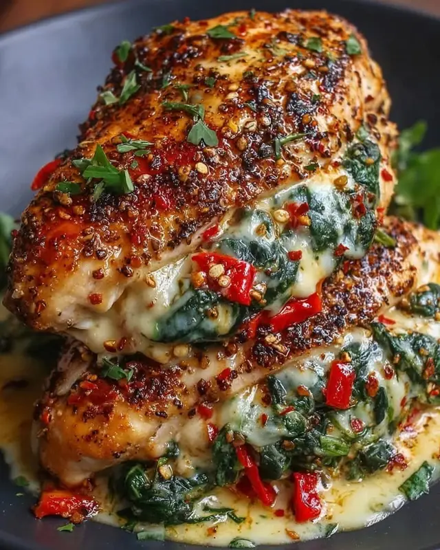 This juicy stuffed chicken breast recipe is filled with roasted red peppers, garlicky spinach, and melty mozzarella. A flavorful, cheesy dinner that’s easy enough for weeknights but elegant enough for guests. ⏱ Prep: 15 min | Cook: 30 min | Total: 45 min 🍴 Serves: 4 | ~365 kcal per serving Ingredients: 4 boneless, skinless chicken breasts 1 cup roasted red peppers (sliced) 2 cups fresh spinach 1 cup mozzarella cheese (shredded) 2 garlic cloves (minced) 1 tbsp olive oil 1 tsp Italian herbs Salt & black pepper, to taste Instructions: 1. Preheat oven to 375°F (190°C). 2. Slice a pocket into each chicken breast (don’t cut all the way through). 3. Heat olive oil in skillet → sauté garlic 1 min. Add spinach, cook until wilted. 4. Stuff each chicken breast with roasted peppers, spinach & mozzarella. Secure with toothpicks if needed. 5. Season outside with salt, pepper & Italian herbs. 6. Place in greased baking dish → bake 25–30 min until chicken reaches 165°F (74°C). 7. Remove toothpicks, rest 5 min & serve warm. #StuffedChicken #ChickenRecipes #EasyDinner #HealthyMeals #WeeknightDinner