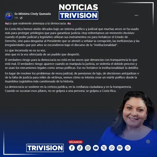 🔴#NoticiasTrivision | La exministra de la Mujer, Cindy Quesada, afirmó en redes sociales que el verdadero riesgo para Costa Rica no son las voces que denuncian corrupción, sino cuando se manipula la justicia y se usan los mecanismos legales como armas políticas.