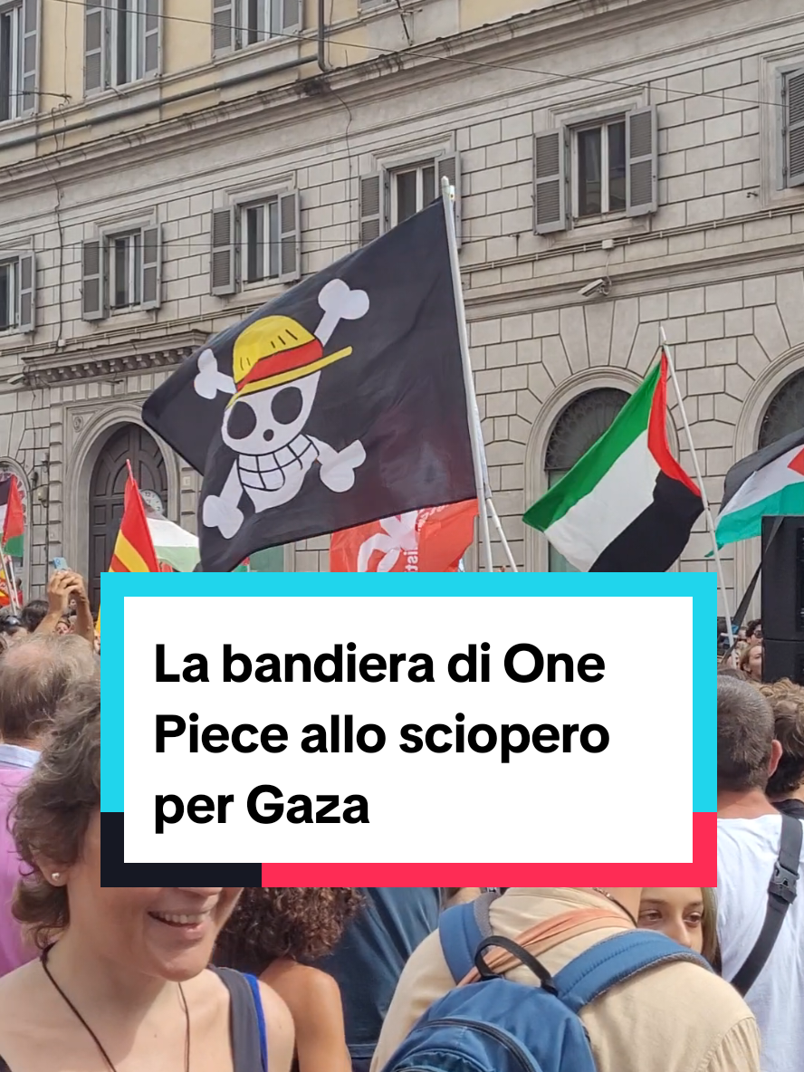 Durante lo sciopero per Gaza del 22 settembre del 2025 è sventolata la bandiera dei pirati di Cappello di Paglia, ormai diventato un simbolo di protesta in tutto il mondo. #OnePiece #sciopero 