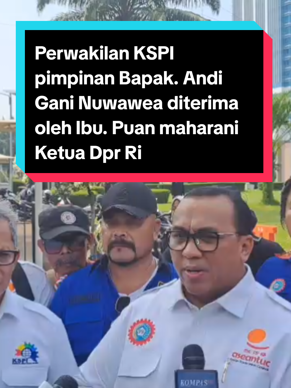 Perwakilan KSPI pimpinan Bapak. Andi Gani Nuwawea diterima oleh Ibu. Puan maharani Ketua Dpr Ri Fraksi PDIP) didampingi oleh Bapak. Utut Adianto (Ketua Komisi I Dpr Ri Fraksi PDIP), Bapak. Abidin fikri (Komisi VIII Dpr Ri Fraksi PDIP) Charles Honoris Kausa (Wakil Ketua Komisi IX Dpr Ri Fraksi PDIP), Dewi juliani (Komisi III Dpr Ri Fraksi PDIP) dan Bapak. Eddy Wuryanto (Anggota Komisi IX Dpr Ri Fraksi PDIP). *Daftar nama perwakilan KSPI :*  1. Andi Gani Nena Wea S.H,. M.H., (Presiden KSPSI)  2. DR. Ir. H. Hermanto achmad .,S.H.M.M. (Sekjend KSPSI)  3. R. Abdulah (Wakil Presden  KSPSI)  4. Roy Jinto Ferianto, S.H., M.H (Wakil Presiden KSPSI).  5. Ahmad Supriadi, S.E. (Wakil Presiden)  6. Wiliam Yani Wea S.H.,MH., CLA ( Ketua LBH DPP KSPSI).  7. Fredy Sembiring .,S.H. ( Wasekjend KSPSI) 8.Akmani.,S.E.,S.H.,.M.H. (Wasekjend KSPSI/TA Komisi IX).  9. Ramidi (Sekjend KSPI)  10. S. Rosyad (KSPI) 11. Zaenudin (KSPI) 12. Catur Andarwanto (KSPI) *PENYAMPAIAN* *1. Andi Ghani Nuwawea :* - Assalamu'alaikum Wr. Wb., terimakasih atas kesempatan dan waktunya, ini ada dua Konfederasi terbesar yang ada di Indonesia hadir di sini. - Selama buruh turun tidak ada sesuatu kejadianpun yang terjadi, baik kerusuhan maupun kebakaran. - Kami mendukung untuk melakukan Supremasi Sipil, kami terus berjuang demi penegakan Supremasi Sipil di negeri ini. - Pada tanggal 8 Oktober kami akan melakukan apel besar kebangsaan yang akan dihadiri sebanyak 100.000 orang Buruh di basis kami yang terbanyak, yaitu di Kabupaten Bekasi, Jababeka untuk menyatakan bahwa NKRI harga mati, dan mendukung supremasi sipil. - Polri boleh dilakukan reformasi, akan tetapi jangan sampai ada hidden agenda di dalamnya. - Ibu Puan Maharani, jangan sampai takut ataupun resah, kami buruh solid dan akan tetap mendukung Pemerintah. - Mengenai RUU Ketenagakerjaan, kami baru dikabari bahwa besok akan ada pertemuan. Karena apa? Ini terkesan berlarut-larut, seharusnya kami dilibatkan dalam perumusan RUU tersebut. - Kami akan hadir semua di Komisi IX besok, silakan disampaikan usulannya, kami akan terbuka dan menjalin komunikasi yang baik demi terciptanya UU Ketenagakerjaan yang sesuai dengan kondisi buruh. - Saya dan Said Iqbal mendukung penegakan hukum terhadap pelaku pengerusakan dan perusuh, jangan sampai para pelaku itu di_RJ_kan semua. - Kami menolak keras, jangan sampai para pelaku perusuhan yang sampai mengakibatkan kematian dilakukan RJ, jangan takut, kami tetap mendukung penegakan hukum. - Kami bersama rakyat selalu mendukung Pemerintahan Prabowo dan Ibu Puan selalu ketua DPR RI. *Ramidi :* - Yang ingin Saha sampaikan, lebih terfokus ke Ketenagakerjaan, outsourcing dan upah murah. - Adanya Putusan MK mengenai batas kenaikan Upah Minimum Pekerja tahun 2026 sebesar 8,5 sampai dengan 10,5%, hal ini berkaca dengan besaran inflasi. - Khusus untuk perempuan yang sudah menikah, posisi E-TKPnya masih posisi lajang, seharusnya pajak juga sama dengan para pria. *Abdullah :* - Tepat tanggal 31 Oktober, putusan MK mengenai Klaster Ketenagakerjaan harus melibatkan kaum buruh, agar setelah disahkannya tidak melahirkan demo berjilid-jilid akan tetapi melahirkan sujud syukur. - Karena keterlibatan buruh dalam pembuatan UU Ketenagakerjaan sesuai dengan perintah konstitusi. *DR. Ir. H. Hermanto achmad .,S.H.M.M. (Sekjend KSPSI)*  Membacakan Pernyataan sikap sebagai berikut : *Pernyataan Sikap:* Pernyataan-pernyataan sikap KSPSI dan KSPI atas dasar kepedulian terhadap tegaknya supremasi sipil di Indonesia, penegakan hukum dan kepedulian terhadap pekerja buruh di Indonesia. Kami KSPSI AGN dan KSPI dengan ini menyatakan pernyataan sikap sebagai berikut: a. Bahwa kami mendukung dan berada di garis terdepan untuk tegaknya supremasi sipil di Indonesia. b. Bahwa kami mendukung Kepolisian Republik Indonesia untuk menegakkan hukum secara profesional dan tidak ada tekanan mengenai administrasi pimpinan Republik Indonesia, karena pergantian pimpinan Kepolisian Republik Indonesia adalah hak prerogatif Presiden Rep