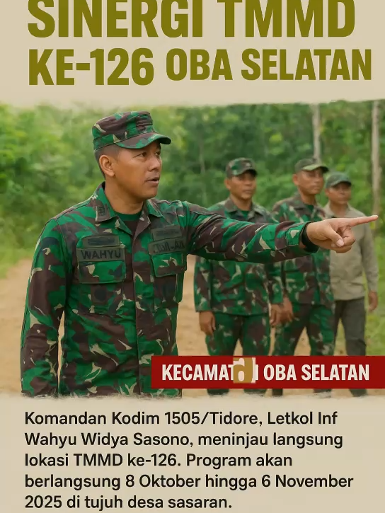 Dandim 1505/Tidore tinjau langsung lokasi TMMD ke-126 di Oba Selatan, bukti nyata bahwa pemerataan pembangunan desa nggak cuma wacana! Pemerintah daerah, TNI, kepala desa, dan masyarakat sudah bersinergi keras biar infrastruktur jalan, rumah layak huni, MCK, dan program non fisik seperti penurunan stunting dan penghijauan mangrove benar-benar bisa terasa manfaatnya. Langkah ini tegas dan tepat: bukan cuma bangun fisik, tapi bangun harapan masyarakat. Setuju bahwa TMMD ke-126 sudah di jalur yang benar?  Tuliskan pendapat kamu di kolom komentar & share supaya lebih banyak yang tahu!  #TMMD126 #ObaSelatan #SinergiUntukDesa #TNI #PembangunanDesa
