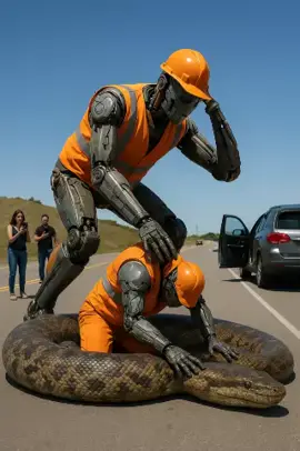 Big snake almost wrapped up a robot construction worker at site #snake #constructionworker #python #robotics #roadman 