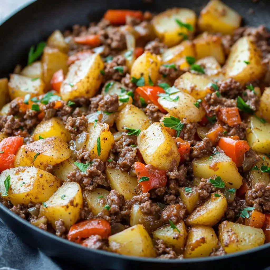 Poêlée de bœuf haché et pommes de terre Ingrédients 500 g de bœuf haché 700 g de pommes de terre 1 oignon moyen 1 gousse d'ail 1 poivron rouge (facultatif) 1 c. à soupe de concentré de tomate (ou 2 c. à soupe de coulis) 1 c. à café de paprika 1 c. à café d'herbes de Provence Huile d'olive ou autre huile de cuisson Sel, poivre Persil frais pour servir (facultatif) Préparation 1. Préparer les ingrédients Éplucher et couper les pommes de terre en petits dés. Émincer l'oignon, hacher l'ail. Couper le poivron (si utilisé) en petits morceaux. 2. Cuire les pommes de terre Dans une grande poêle ou sauteuse, chauffer un filet d'huile. Faire revenir les dés de pommes de terre à feu moyen 10 à 15 minutes, jusqu'à ce qu'ils soient tendres et légèrement dorés. Remuer régulièrement. Saler légèrement. Réserver. 3. Cuire la viande Dans la même poêle, ajouter un peu d'huile si besoin. Faire revenir l'oignon, l'ail et le poivron 3-4 minutes Ajouter le bœuf haché, faire cuire jusqu'à ce qu'il soit bien doré. Ajouter le concentré de tomate, le paprika, les herbes, le sel et le poivre. Mélanger. 4. Mélanger et finir la cuisson Remettre les pommes de terre dans la poêle. Mélanger délicatement pour bien enrober le tout. Cuire encore 5 à 10 minutes à feu doux pour que les saveurs se mêlent. Astuces Pour une version plus gourmande : ajoutez du fromage râpé en fin de cuisson ou un œuf au plat par-dessus. Vous pouvez ajouter des petits pois ou des haricots verts pour un plat encore plus complet. #cuisinetiktok_ #cuisinetiktok_ #cuisine 