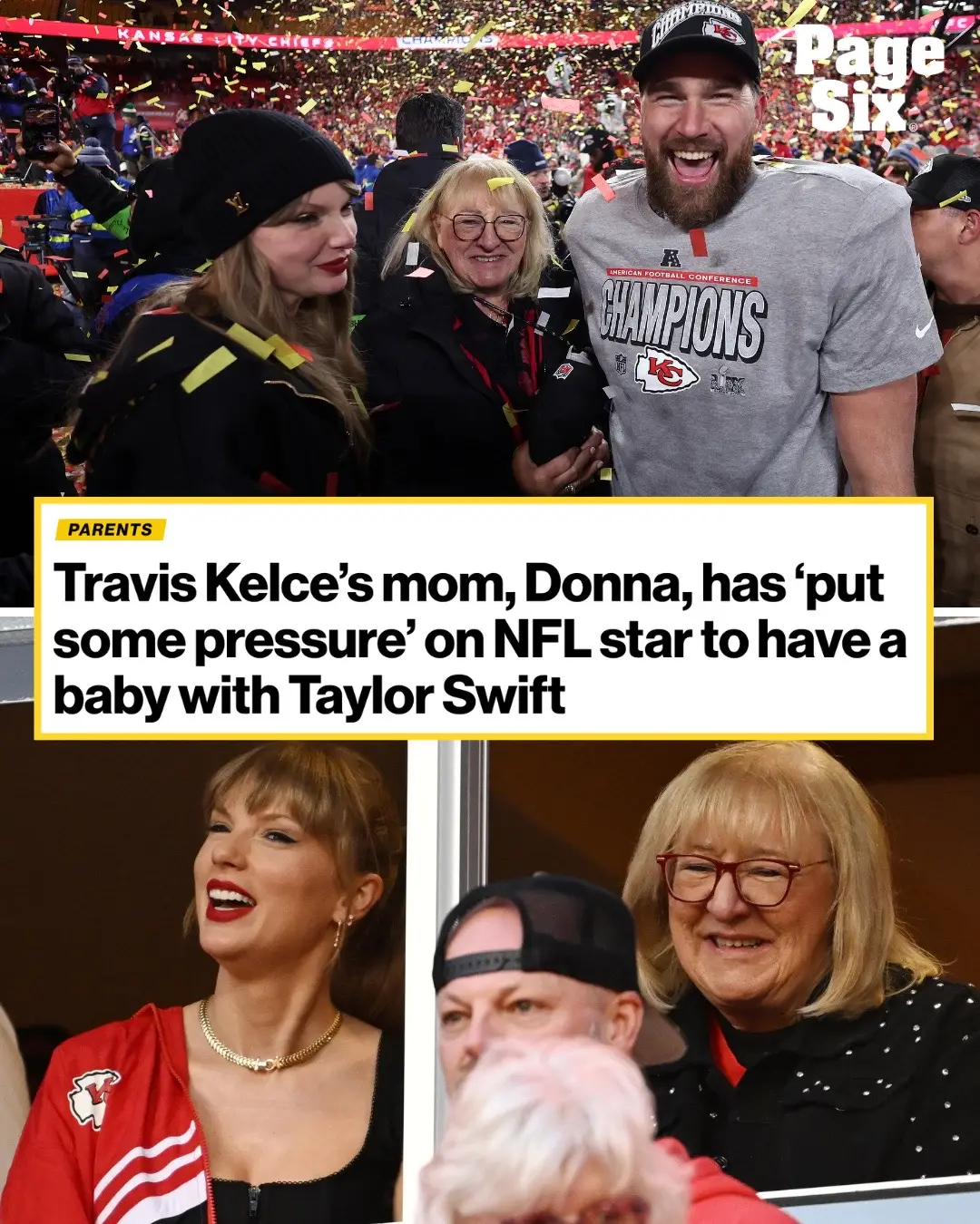 Call it what you want — Donna Kelce wants another grandbaby. Travis Kelce’s mom has “put some pressure” on her son to conceive a baby with fiancée Taylor Swift, Jason Kelce told “New Heights” listeners Monday. The newly-engaged couple’s future family plans came up when Travis, 35, and Jason, 37, asked guest Deion Sanders to rank his children. Travis pointed out that “right now, [Donna] has Jason at No. 1 because he has kids with wife Kylie Kelce. Jason admitted, “That is true. She has said that. She has made that comment. She has put some pressure on him.” Sanders, 58, chimed in to jokingly ask, “But what you waiting on though? What you waiting for?” Travis did not respond to the quip as Sanders went on to gush over his five children. 📸: Getty