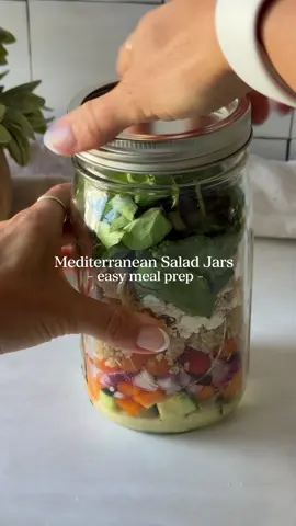 This Mediterranean Salad Jar is about to change your meal prep game! It's perfect for healthy lunches and so easy to customize. Fresh veggies, shredded chicken, quinoa, and a homemade lemon dressing all topped with feta cheese! I hope you enjoy it! 😊   Full recipe below or grab it at https://mallorythedietitian.com/mediterranean-salad-jar/ ~Ingredients~ For Salad • 1 English Cucumber, diced (½ c per jar) • 1 Bell Pepper, diced (½ c per jar) • ½ Red Onion, diced (1-2 Tbsp per jar) • 2 cups Lil’ Ones tomatoes (½ c per jar) • 2 cups cooked quinoa (½ c per jar) • ½ c crumbled feta cheese (2 Tbsp per jar) • 2 cups shredded chicken (½ c per jar)   For Dressing (2 Tbsp per jar) • ¼ cup fresh lemon juice • 1 Tbsp honey • 1 Tbsp dijon mustard • 1 clove garlic, grated or minced • ½ tsp dried oregano • ¼ tsp kosher salt • ¼ tsp black pepper • ¼ cup extra virgin olive oil • Optional: 1-2 Tbsp water to thin it out   ~Directions~ 1. Cook quinoa on the stove following the instructions on the package. Let it cool while the other components of the salad are prepared.  2. Make the dressing by combining the ingredients in a small bowl or mason jar with a whisk. Whisk vigorously until the olive oil emulsified. Alternatively, blend the dressing ingredients for a creamier result. 3. Chop the vegetables into evenly sized pieces. Add the ingredients to the jar in the following order: dressing, cucumbers, bell pepper, red onion, tomatoes, quinoa, feta, chicken, mixed greens. 4. When ready to eat, shake the mason jar and dump the salad in a large bowl   ~Storage~  Store in the fridge for up to 2-3 days.    ~Nutrition~ Per jar: 490 calories, 37g protein, 37g carb, 6g fiber, 23g fat   Follow for healthy recipes. 😊   Celebrate the small wins!