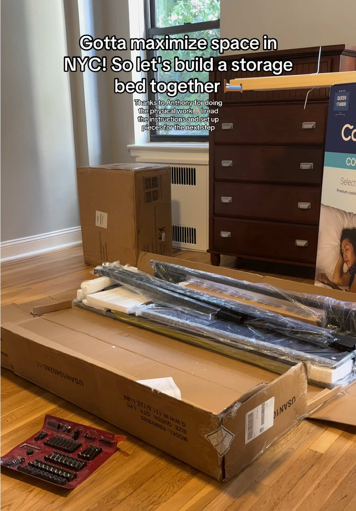 We officially have a bed! This was a labor of love! Overall it's wasn't too hard to put together! Everything comes labeled and the instructions are pretty easy to follow despite us taking almost 3 hrs to build it, it was definitely worth it. The under bed storage is a huge win!! #nycapartment #storagebed #liftupbed #movingout #firstapartment 
