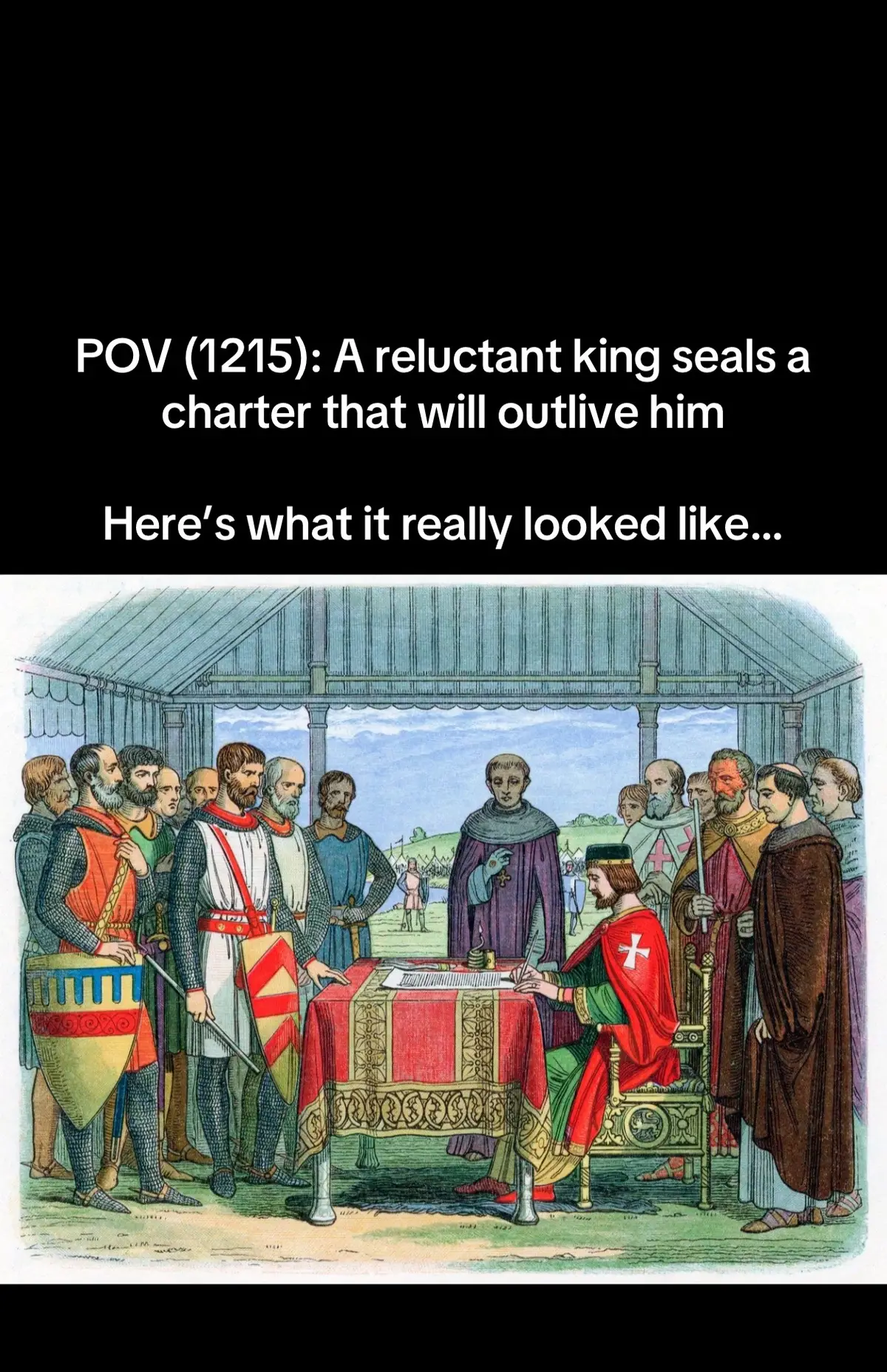 On June 15, 1215, at Runnymede, King John of England affixed his seal to the Magna Carta under pressure from rebellious barons. Though John never intended to honor it, the document placed limits on royal power and planted the seeds of constitutional government, its echoes can still be heard in modern democracies. #History #EduTok #pov #viral #foryou 
