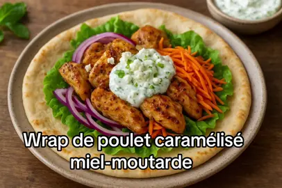 🌯 Wrap de poulet caramélisé miel-moutarde & sauce yaourt-menthe 🌿🥕 Ingrédients (4 wraps) Pour le poulet caramélisé : 	•	500 g de blancs de poulet 	•	2 c. à s. de miel liquide 	•	2 c. à s. de moutarde à l’ancienne 	•	2 c. à s. d’huile d’olive 	•	1 gousse d’ail hachée 	•	Sel, poivre Pour la sauce yaourt-menthe : 	•	200 g de yaourt grec 	•	1 c. à s. de jus de citron 	•	6 feuilles de menthe fraîche ciselées 	•	Sel, poivre Pour la garniture : 	•	4 grandes galettes souples (type tortilla ou pain libanais) 	•	1 oignon rouge émincé 	•	1 carotte râpée 	•	Quelques feuilles de salade croquante 	•	Fromage feta émietté (facultatif) ⸻ Préparation 	1.	Mariner le poulet 🐓 	•	Découper les blancs de poulet en lamelles. 	•	Mélanger avec le miel, la moutarde, l’huile d’olive, l’ail, le sel et le poivre. 	•	Laisser mariner au moins 30 minutes au frais. 	2.	Cuire le poulet 🔥 	•	Faire chauffer une poêle ou une plancha. 	•	Cuire les lamelles de poulet jusqu’à ce qu’elles soient bien dorées et légèrement caramélisées. 	3.	Préparer la sauce 🌿 	•	Dans un bol, mélanger le yaourt grec avec le jus de citron et la menthe ciselée. 	•	Assaisonner de sel et poivre. 	4.	Monter les wraps 🌯 	•	Réchauffer légèrement les galettes. 	•	Étaler une couche généreuse de sauce yaourt-menthe. 	•	Ajouter quelques feuilles de salade, un peu de carotte râpée et d’oignon rouge. 	•	Disposer les lamelles de poulet caramélisé par-dessus. 	•	Terminer avec un peu de feta émiettée (si désiré). 	•	Rouler bien serré et déguster aussitôt. ⸻ 👉 Résultat : un wrap gourmand et frais, qui marie le sucré-salé du poulet caramélisé au croquant des légumes et à la fraîcheur de la menthe. #RecetteFacile #faitmaison #viral_video #viralfood .                   