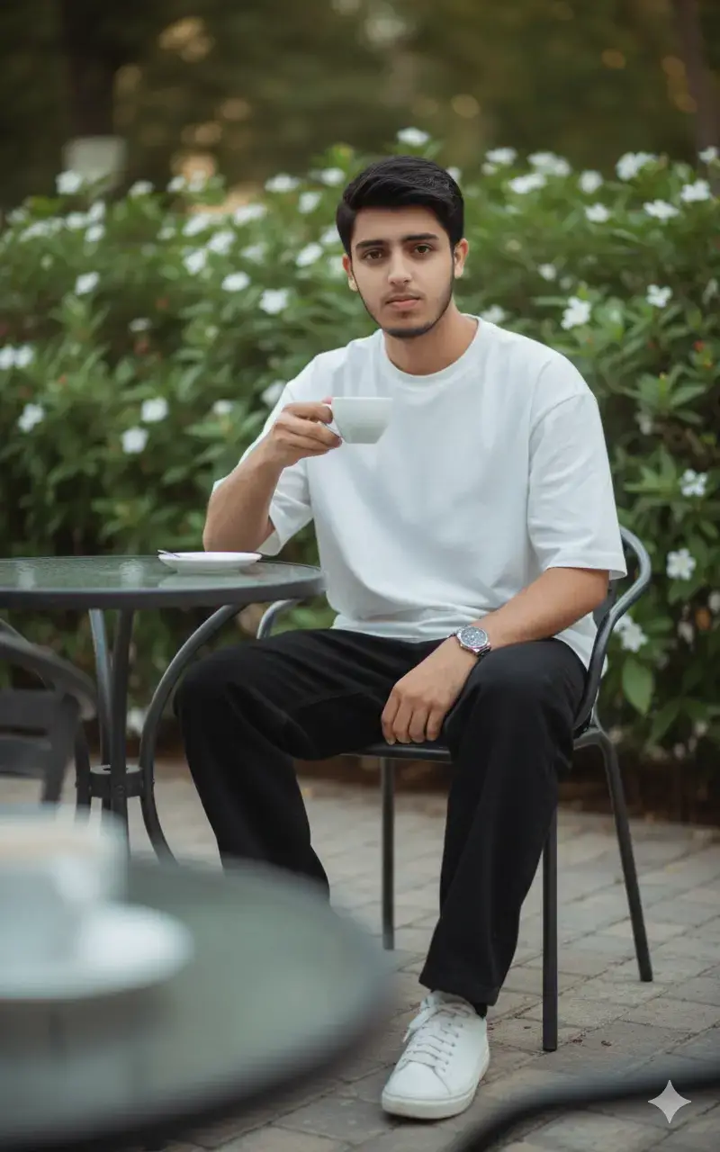Aesthetic outdoor morning photography, a young man within Casual outfit: oversized white t-shirt with loose wide black jeans, an elegant wristwatch, and white sneakers. He sits while holding tea in right hand, the terrace of an outdoor café surrounded by green plants with white flowers. His face is sharply focused, while a blurred coffee cup a natural frame in the foreground near the camera. Matte cinematic effect: soft highlights, faded shadows, slightly. don't change  #googlegemini #newlook #trendyhair #trending #gemini 