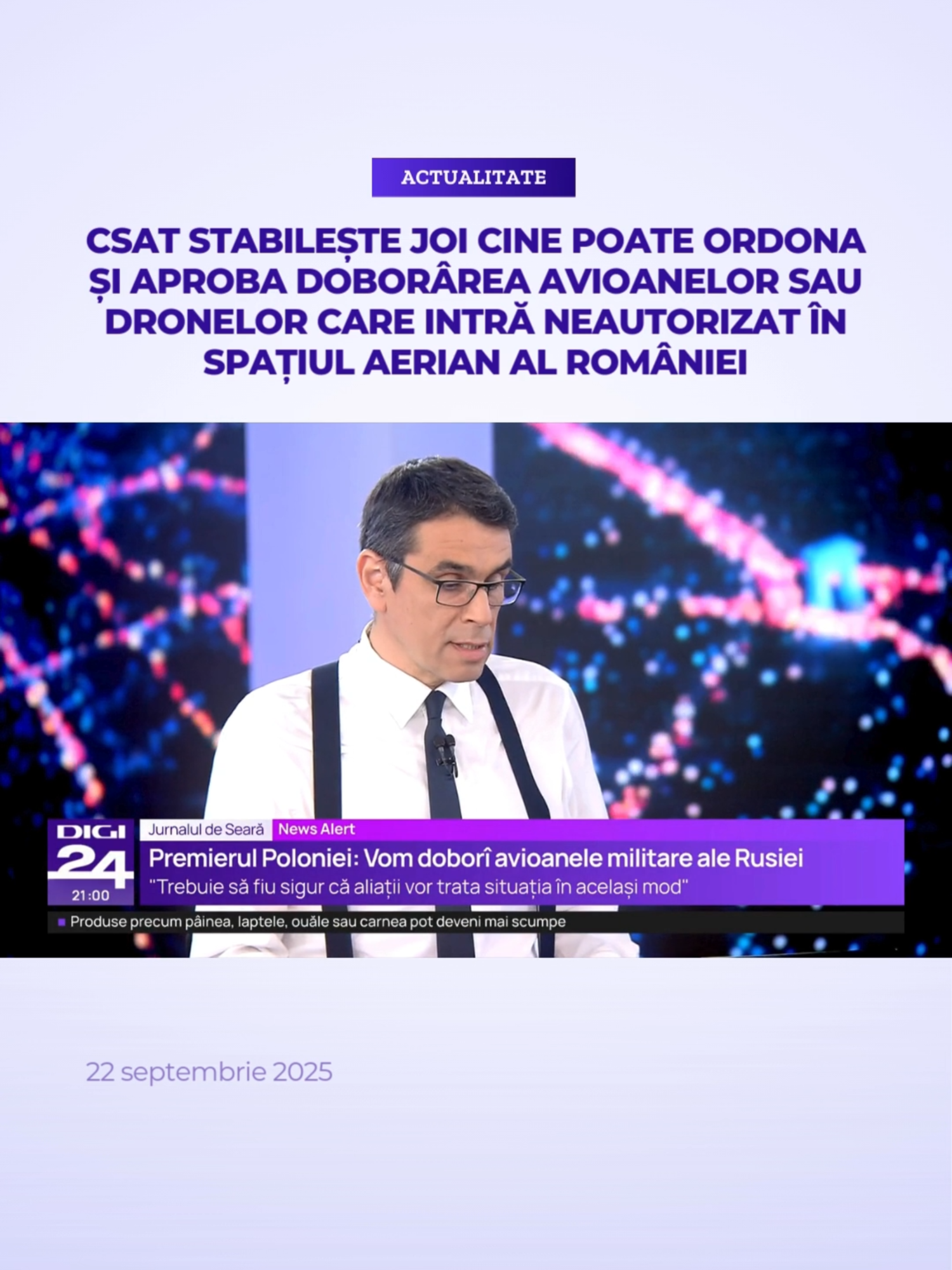 Președintele Nicușor Dan a convocat, joi de la 12.00, ședința Consiliului Suprem de Apărare a Țării, la Palatul Cotroceni. CSAT va stabili cine poate ordona sau aproba măsuri împotriva „aeronavelor și a vehiculelor aeriene care utilizează neautorizat spațiul aerian național”. #digi24 #stiriledigi24 #csat
