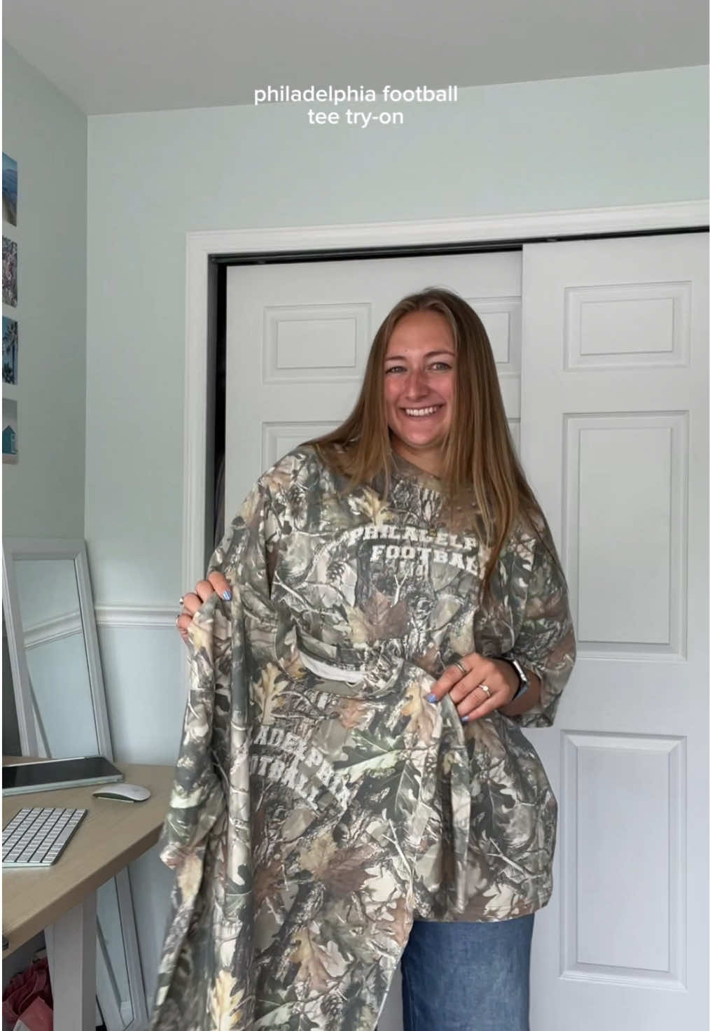 wanna tell you bout the tees i love!!! also go birds!!!! the new philadelphia football camo tees drop today - they have an oversized fit with a drop shoulder but i still do an x-large for an oversized fit (i’m 5’9” for reference)! please note because of the camo pattern, each of these tees is one of a kind & no two are the exact same 🙂‍↕️🏈 #gobirds #philadelphiaeagles #tryon 