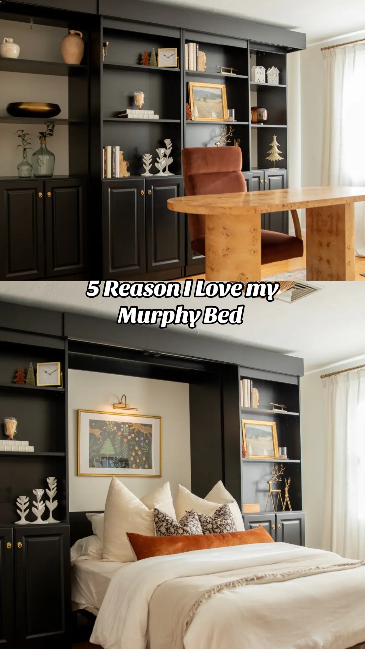 When it comes to creating a cozy, functional home, I’m always looking for pieces that make life easier while adding charm. One of my absolute favorite investments has been our Murphy bed. It’s stylish, space-saving, and instantly transforms our home when we need it most. If you’ve ever wondered, Are Murphy beds worth it? — my answer is a big yes. They’re one of the best small space solutions and can completely change the way you use your home. Today I’m sharing the top 5 reasons I love mine (and why you might too!). ⸻ 1. It makes the most of a small space If you don’t have a dedicated guest bedroom, a Murphy bed is the perfect way to maximize square footage. Our bed folds seamlessly into custom built-in cabinetry, so the room feels like an office or sitting area most of the time. But with one pull, it transforms into a full guest bed. It’s the ultimate space-saving furniture idea without sacrificing design. ⸻ 2. Instant guest room when I need it No more dragging out air mattresses or folding cots. A Murphy bed creates an instant guest room in seconds. Guests feel so much more at home sleeping in a real bed, with cozy layers of bedding and pillows, instead of on an inflatable mattress. It’s one of the simplest ways to create a welcoming and comfortable guest room alternative. ⸻ 3. It doubles as my home office When the bed is folded away, this room functions as my office. It’s the best example of multi-functional furniture — I get a workspace during the day and a cozy guest room whenever family comes to stay. Murphy beds are ideal for anyone who needs their home to work harder, especially in smaller spaces. ⸻ 4. Function without losing coziness A lot of space-saving furniture can feel cold or utilitarian, but a Murphy bed can be just as cozy and inviting as a traditional bed. I style mine with layers of pillows, throws, and seasonal touches. It fits perfectly into my cozy, traditional style while still being incredibly practical. This balance of function and design is why it’s one of my favorite pieces. ⸻ 5. It adds charm and character Our Murphy bed isn’t just practical — it’s beautiful. The custom cabinetry and shelving make it feel like a design feature in the room. Instead of taking away from our style, it adds charm and character while solving real space challenges. It proves that Murphy bed ideas can be stylish, not just functional. ⸻ Final Thoughts: Why a Murphy Bed is Worth It If you’ve been on the fence, I can confidently say that investing in a Murphy bed is one of the best decisions we’ve made for our home. It’s solved our small-space struggles, created an instant guest room, and added flexibility to our daily life — all while staying true to the cozy, character-filled style I love. If you’re looking for space-saving furniture ideas or want to create a more functional guest room without giving up style, a Murphy bed might be exactly what you need.