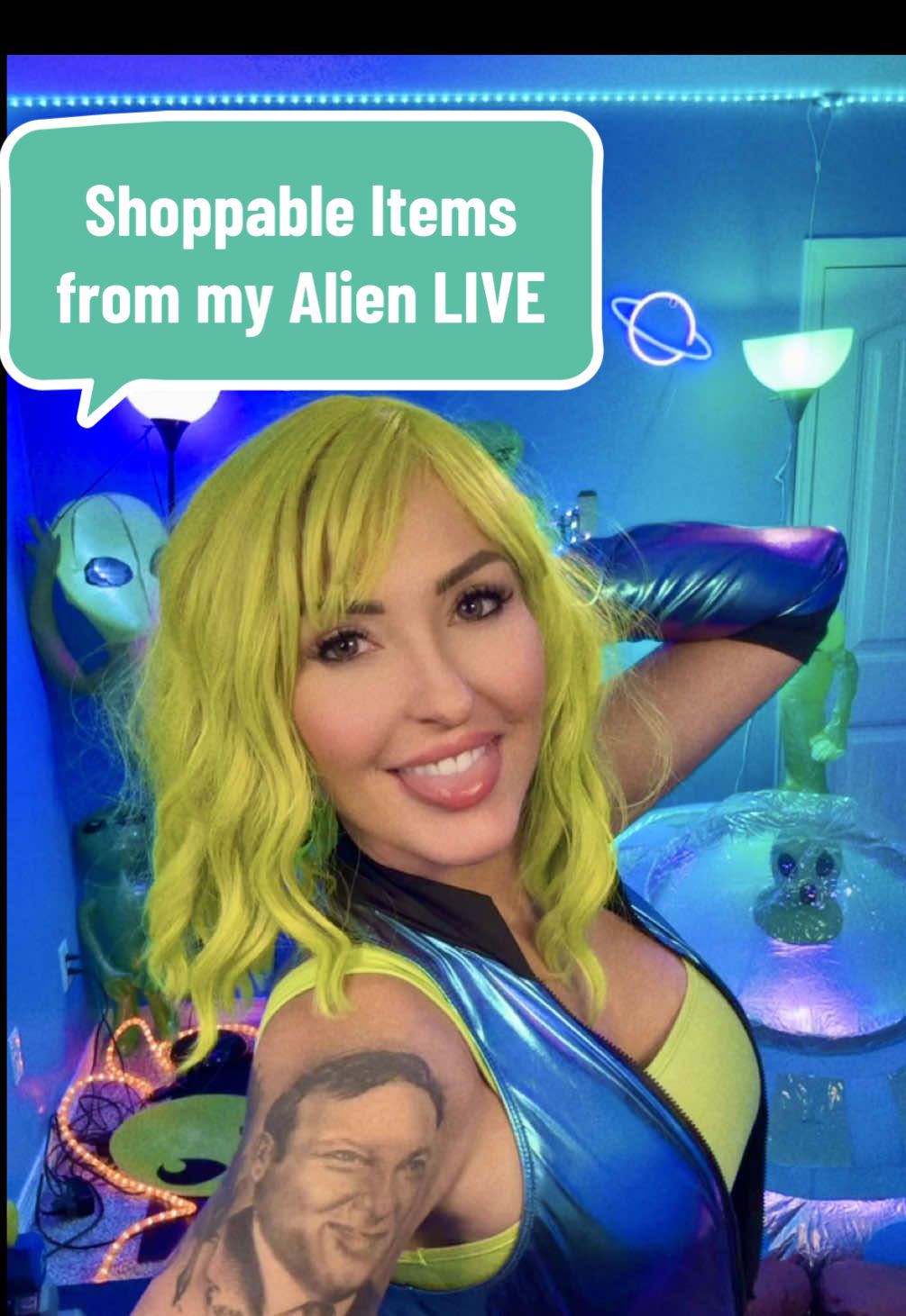 Yes I write my own jokes 😂 A lot of people asked where I got some of this decor so I’m hooking you up! 🪐👽 #halloween #tiktokshoprestock #neonsign #planet #alien 