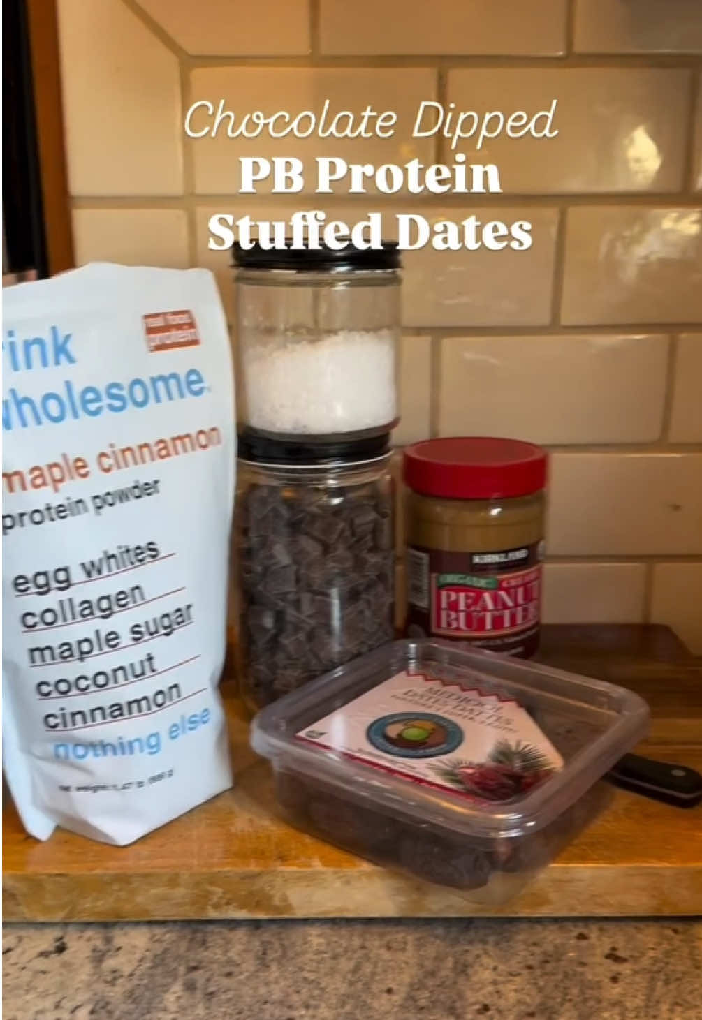 ‼️CAUTION: You may need to implement a maximum date rule in your house. Boost your fiber intake with this sweet treat! Chocolate Dipped Maple Cinnamon Peanut Butter Stuffed Dates! (say that 5x fast) <3 1/2 cup nut butter 4-5 tbs of Drink Wholesome Protein Powder 1-3 tbs hot water 1 box of pitted dates 1 cup semi-sweet or dark chocolate Flaky sea salt for garnish Combine your nut butter and protein powder, and use hot water to help mix. Split your dates, and pipe nut butter mixture inside. Pop dates in the freezer while you melt your chocolate (stove in a double boiler or microwave). Dip your dates into chocolate with a fork, lay them on parchment, and sprinkle with salt. Freeze for ~5 minutes or until hardened. Enjoy!   #dates #healthydessert 
