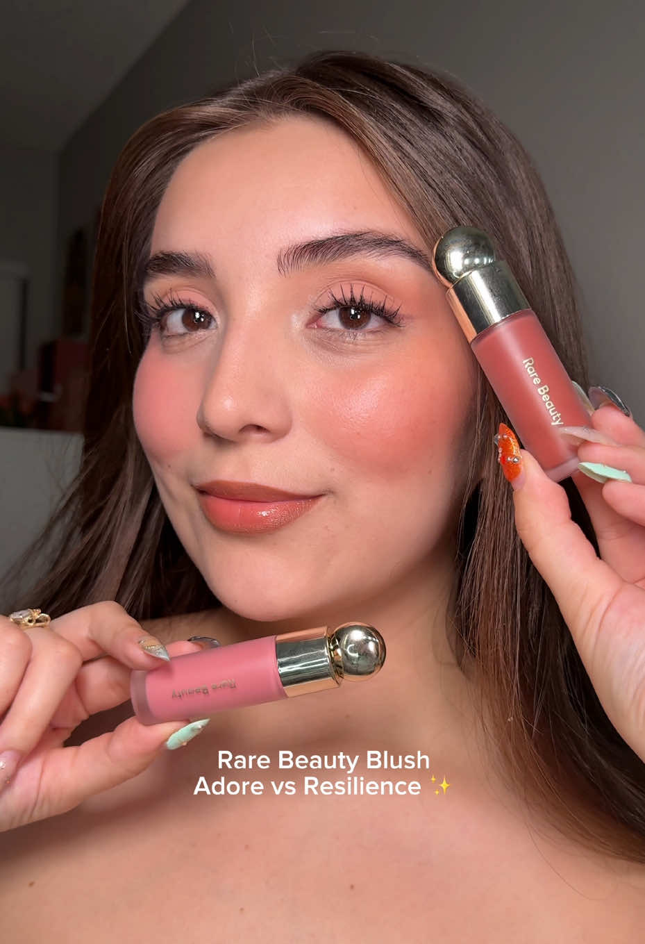 Adore vs Resilience ✨ Which one do you prefer? 🐞🌸 @Rare Beauty @Selena Gomez @Selena Fan Club #rareroutine #rarebeauty #liquidblush #tutorial #makeuptutorial 