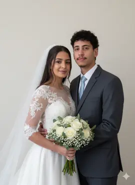 Retrato nupcial em cores, encontro vertical, fundo liso claro. IMPORTANTE: Os rostros devem ser 100% fiéis aos rostros dos personagens adjuntos, procure manter ○ ângulo dos rostros e seus penteados atuais das fotos adjuntas; o casal deverá estar olhando para a foto e iluminação suave e lateral; sombras delicadas contraste equilibrado em telas. Fondo sem elementos, foco nítido na parede Composição limpa: diagonais de braços e linha de véu, ramo + como âncora visual inferior. #gemini #capcutedit #germany #fy#ia 