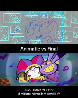 Animatic vs Final of the second verse of #JaxToy  The first shot here is one of my favorites specifically for the spinning Pomni animation 💕 but has to simplify the Jax windows for time. The shot following was extremely complicated and kind of a headache, but we figured it out by having the characters be separate projections instead of only videos in the screens :P #TheAmazingDigitalCircus #Animatic #TeamNeutron #Blender