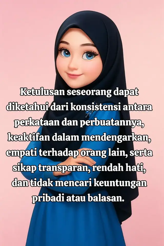 Seseorang yang tulus juga akan menunjukkan kepedulian tanpa pamrih dan mendukung pertumbuhan orang lain.  1. Konsistensi Perkataan dan Perbuatan Orang yang tulus akan memastikan perkataan dan tindakannya sejalan, menciptakan kepercayaan. Mereka tidak akan mengucapkan hal yang menyinggung atau menyakiti perasaan orang lain.  2. Sikap Mendengarkan dan Empati  Mereka adalah pendengar yang aktif, menjaga kontak mata, dan menanggapi dengan bijaksana. Seseorang yang tulus akan menunjukkan empati dengan mengakui dan memahami emosi orang lain tanpa menghakimi.  3. Transparan dan Keterbukaan Mereka transparan tentang perasaan dan niat, tidak menyembunyikan informasi penting, dan tidak memanipulasi situasi. Ketulusan juga ditunjukkan melalui kesederhanaan dan keterbukaan dalam berinteraksi.  4. Kerendahan Hati Orang tulus tidak merasa perlu menyombongkan pencapaiannya atau merendahkan orang lain. Mereka juga bersedia mengakui kesalahan dan tidak takut salah.  5. Dukungan dan Tanpa Pamrih Mereka mendukung impian dan tujuan orang lain tanpa merasa terancam. Ketulusan hati tercermin pada kepedulian yang tulus, yang tidak mengharapkan imbalan.  6. Konsistensi dan Ketaatan  Orang yang tulus menepati janjinya dan tidak terombang-ambing di antara pernyataan yang bertentangan. Sikap mereka tidak berubah-ubah, mencerminkan kesetiaan dan konsistensi.  #ketulusan 