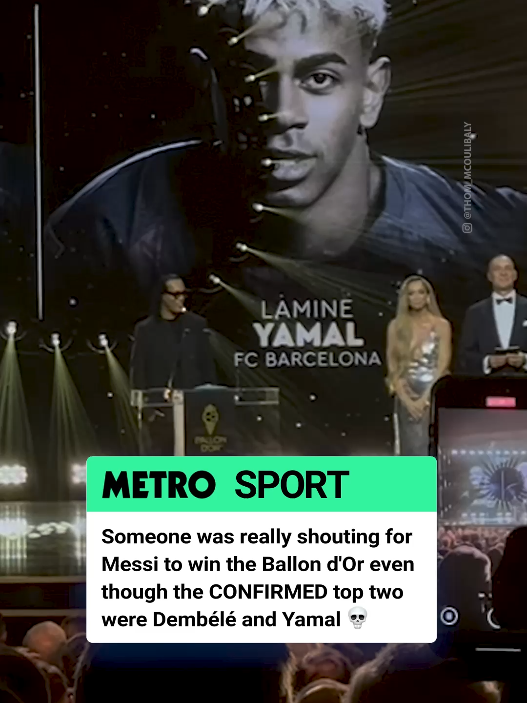 Not sure that's how it works mate 😅 Someone was really shouting for Lionel Messi to win the Ballon d'Or even though the CONFIRMED top two were Oumane Dembélé and Lamine Yamal. 🎥 / IG - @thom_mcoulibaly #ballondor #dembele #yamal #messi #footballfans