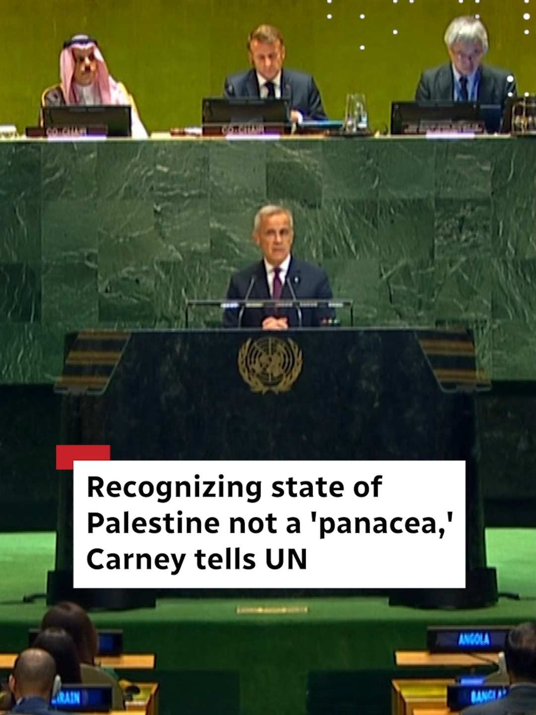Prime Minister Mark Carney told the United Nations General Assembly that Canada recognizes Palestinian statehood, but remains committed to a two-state solution.  #MarkCarney #Cdnpoli #UnitedNations #Moment #CBCNews