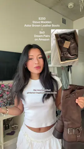 an affordable version of the infamous pinterest steve madden leather brown boots i think yesss @Dream Pairs @Amazon @Amazon Fashion @Amazon Influencer Program 🤲🏼🤩 #leatherboots #brownboots #dreampairs #fashioninspo #pinterestoutfit 