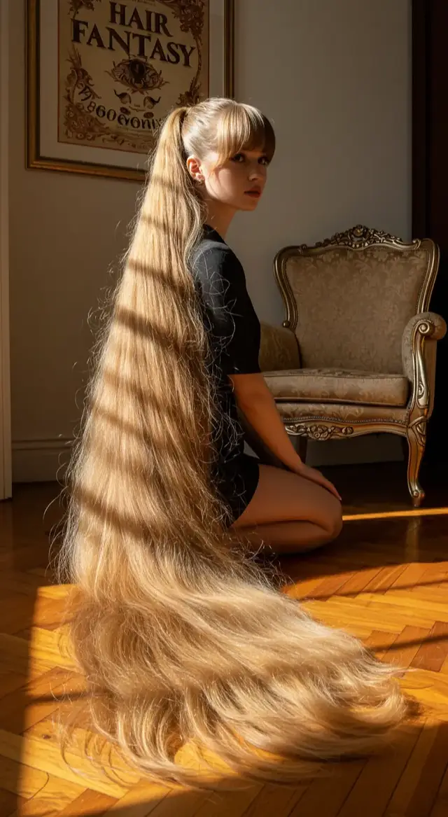 ✨ A cascade of golden hair, glowing in the sunlight like pure silk. ✨ Strength, softness, and elegance all flowing from one incredible ponytail that seems endless. Would you be able to carry hair this long with grace? 🌿💫 #HairFantasy #LongHairGoals #MegaPonytail #RapunzelVibes #GoldenLocks        