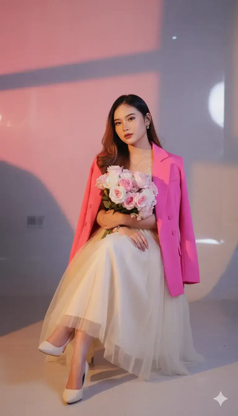 Cara edit Gemini AI⤵️ Step 1. Masuk ke aplikasi google Gemini Step 2. Tekan tanda (+) Step 3. Masukan foto digaleri yang ingin diedit Step 4. Salin promtnya Edit foto ini menjadi duduk santai distudio foto dengan pantulan cahaya senja. ia menggunakan outfit pink blezer oversize, dan rok tutu cream panjang, high heels cream mewah, rambut digerai. Anggle dari depan, gaya elegan dan edgy dengan nuansa misterius. Kedua tangan memegang buket bunga pink pastel tanpa merubah wajah. Blazer dipakai dipundak saja, HD tanpa merubah muka asli di foto.#geminiai #fyppppppppppppppppppppppp 