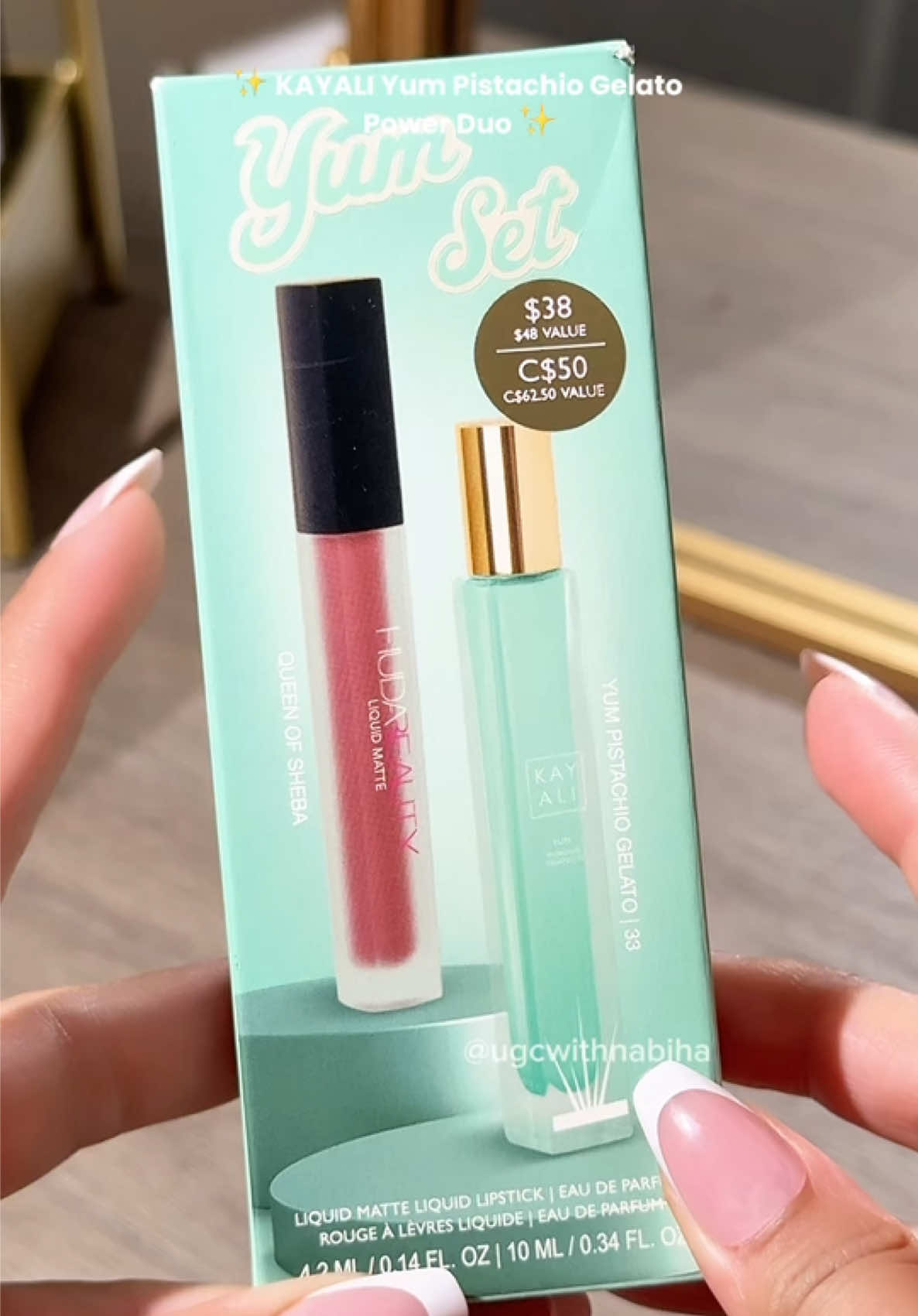 Sweet, creamy & irresistible 💚✨ The KAYALI Yum Pistachio Gelato Power Duo is your must-have travel set — dreamy pistachio gelato notes with a touch of cotton candy & whipped cream, paired with the perfect nude lip 💄🍦 @Kayali @Mona Monica Kattan🧸 @Alyakattan @Huda Beauty @Huda @hudabeautyshop @hudahotline  Nails: @KISS Nails  [Kayali perfume set, Yum Pistachio Gelato 33, Kayali travel spray, Huda Beauty lipstick, Queen of Sheba lipstick, Kayali x Huda Beauty, perfume gift set, gourmand fragrance, pistachio perfume, best nude lipstick] #KAYALI #YumPistachioGelato33 #HudaBeauty #PowerDuo #fragrancelover 