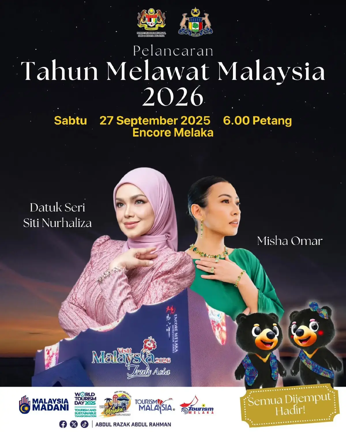Jom saksikan persembahan istimewa Datuk Seri Siti Nurhaliza dan Misha Omar sempena Pelancaran Tahun Melawat Malaysia 2026 di bumi Melaka. 🗓️: Sabtu, 27 September 2025 ⏰: 6.00 Petang 📍: Encore Melaka SEMUA DIJEMPUT HADIR. Jumpa anda di sana! 𝓜𝓪𝓷𝓪 𝓛𝓪𝓰𝓲? 𝓜𝓮𝓵𝓪𝓴𝓪 𝓛𝓮𝓻... #WTD2025 | #VM2026