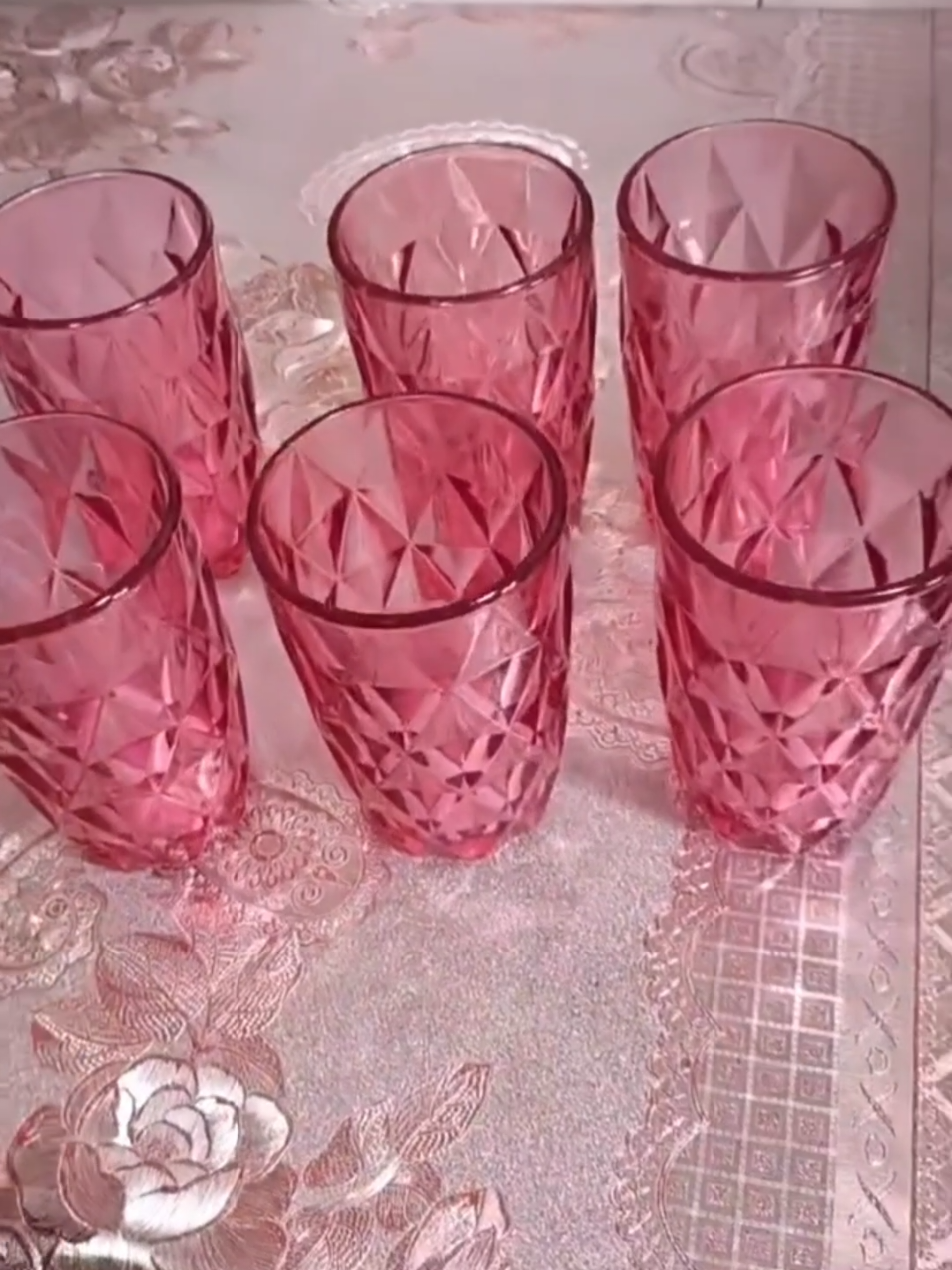 Jogo de Copos Rosa de Vidro Diamond 6 peças Luxo 350 ml Transparente Resistente Elegante