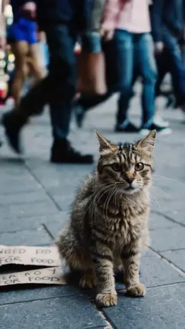 Poor cat on the street asks for money