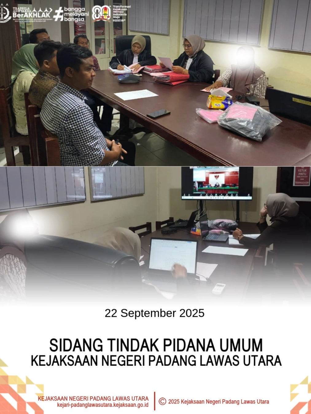 Halo #SobatAdhyaksa Senin, 22 September 2025 bertempat di Ruangan Sidang Tindak Pidana Umum Kantor Kejaksaan Negeri Padang Lawas Utara, Telah dilaksanakan Sidang Perkara Tindak Pidana Umum secara online melalui aplikasi zoom terhadap 08 (delapan) terdakwa dengan beberapa acara seperti Acara Pledoi, Saksi Verbalisan, Tanggapan JPU, Putusan, Terdakwa, dan Saksi. Seluruh acara Persidangan berjalan dengan aman dan kondusif. @kejaksaan.ri @kejatisumut @kejari_paluta