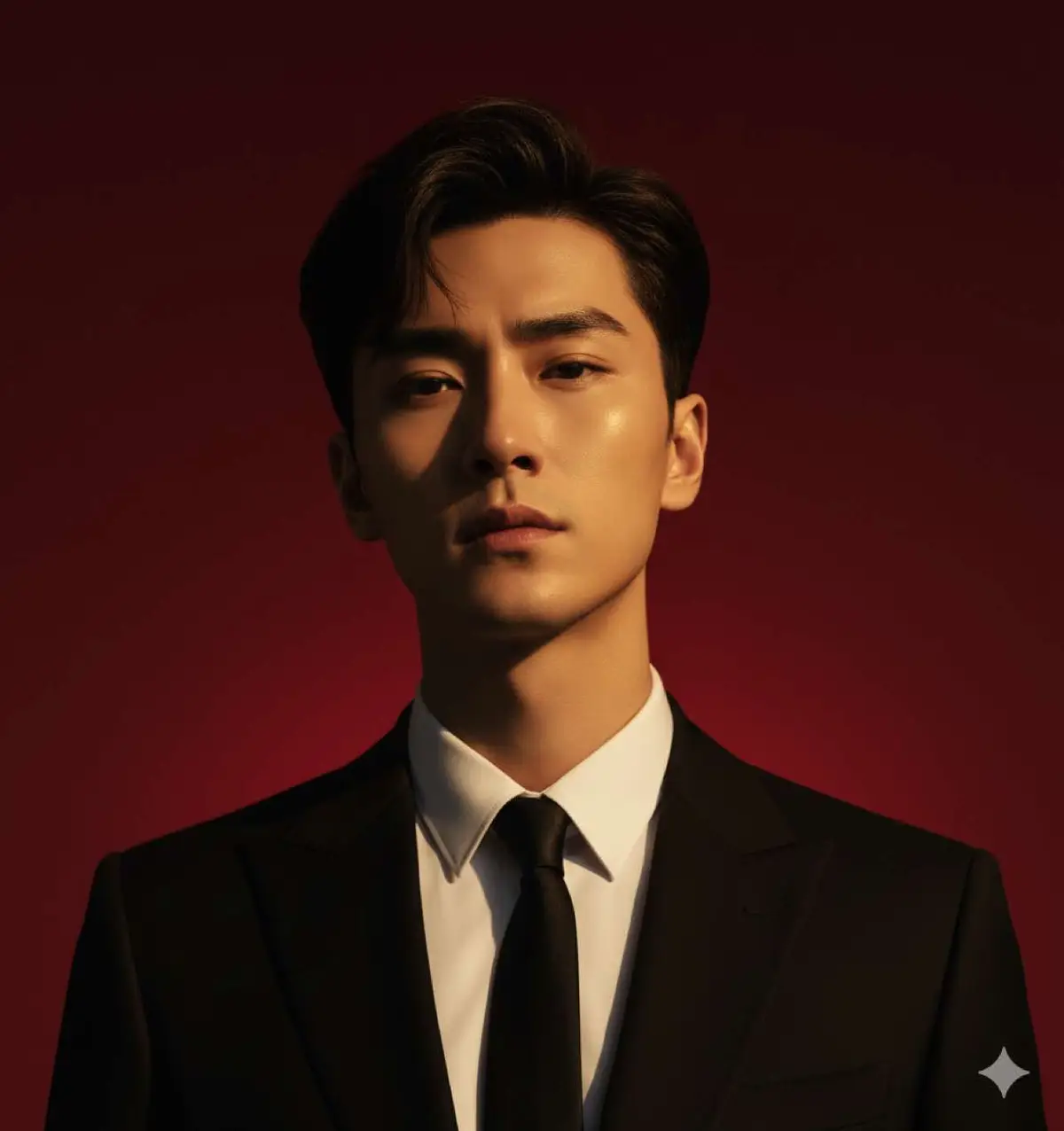 Mang phong cách chân dung điện ảnh  (cinematic portrait) 🎬 1. Mở Gemini 📲 2. Tải lên hình ảnh của bạn 📸 3. Sao chép lời nhắc 👇 (Follow me để cập nhật xu hướng mới) .Thanks🙏 . . Create a cinematic fashion portrait of a young man in a black suit, photographed from a slightly low angle. His face is illuminated by warm golden light from the side, highlighting sharp cheekbones, jawline, and facial contours while the other side fades into shadow, creating a chiaroscuro effect. He maintains a confident and composed expression. The background is a deep red gradient, minimalist yet bold, enhancing the dramatic atmosphere. Ultra-detailed, photorealistic, 8K resolution, vertical composition, editorial fashion photography style. #genanhai #ai #aiart #photo #gemini #fyp #trending 